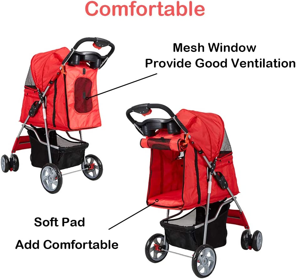 Folding Pet Stroller Elite Jogger Kitten Puppy Easy Walk Dog Cat Small Animals Travel Carrier, Red - Bosonshop