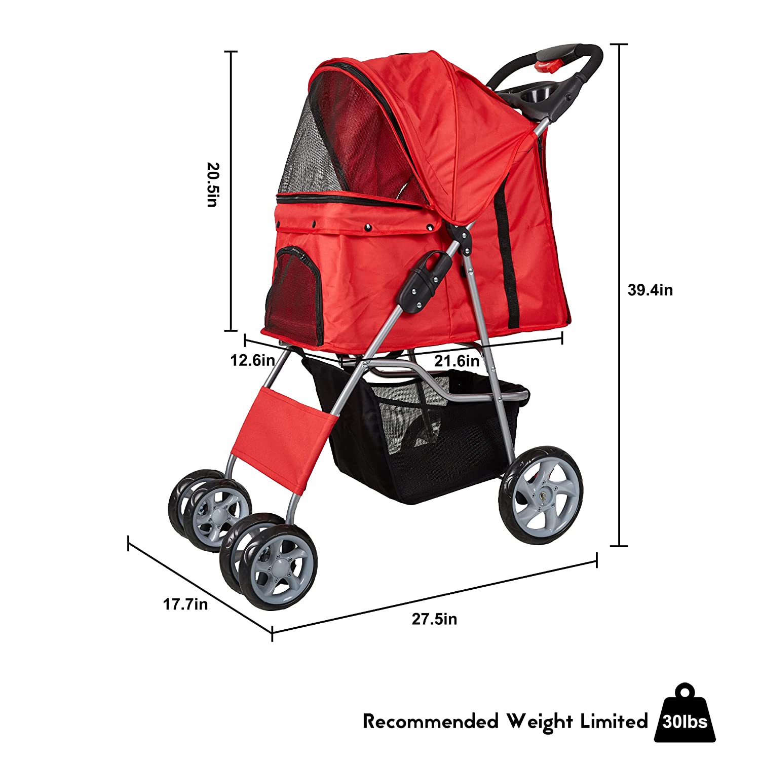 Folding Pet Stroller Elite Jogger Kitten Puppy Easy Walk Dog Cat Small Animals Travel Carrier, Red - Bosonshop