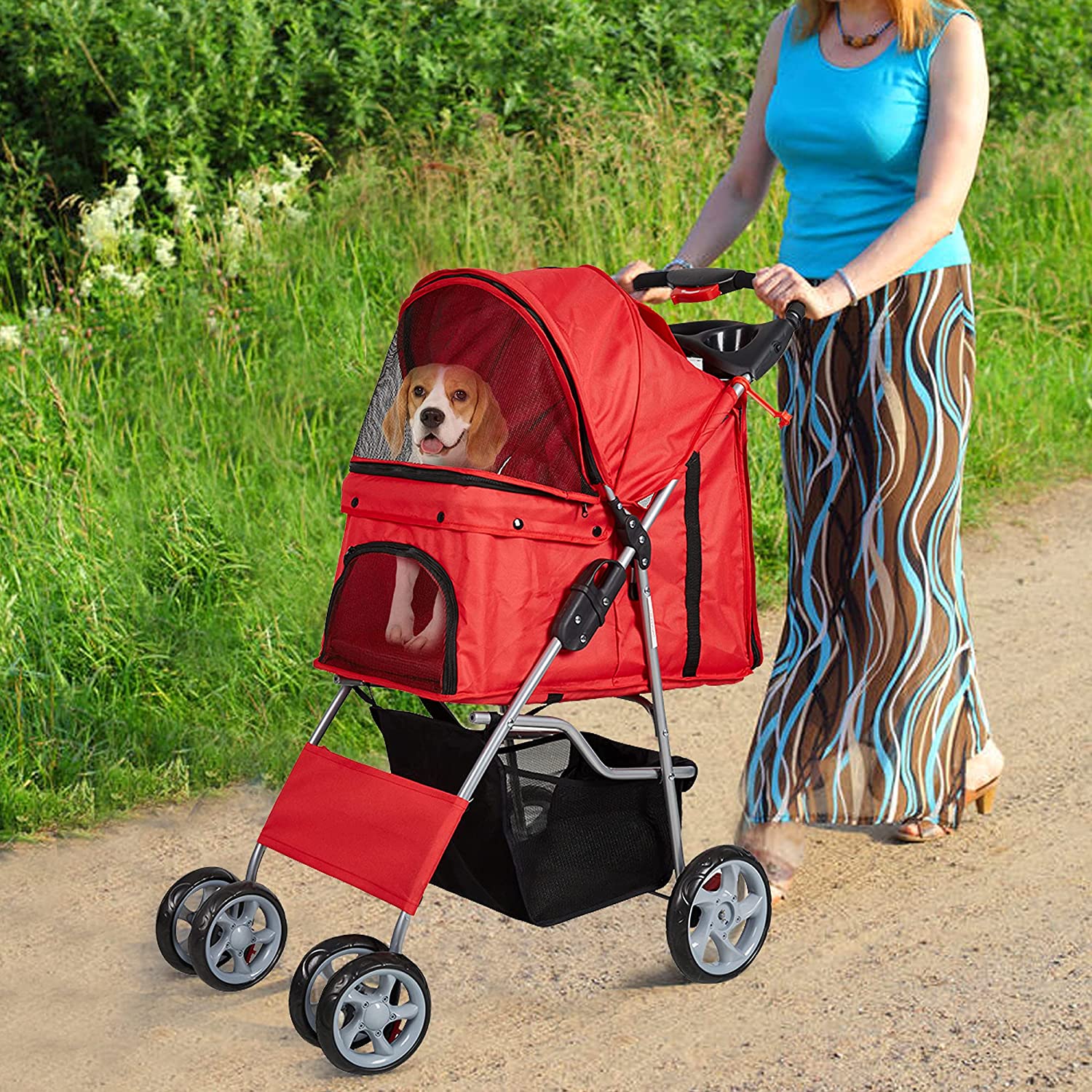 Folding Pet Stroller Elite Jogger Kitten Puppy Easy Walk Dog Cat Small Animals Travel Carrier, Red - Bosonshop