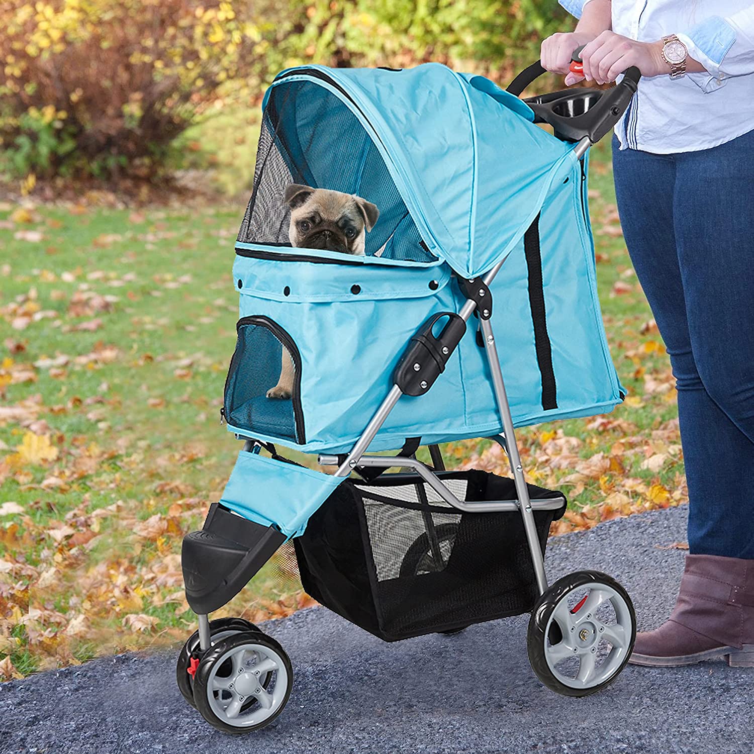 (Out of Stock) Pet Stroller for Dog Cat Small Animal Folding Walk Jogger Travel Carrier Cart with Three Wheels, Blue - Bosonshop