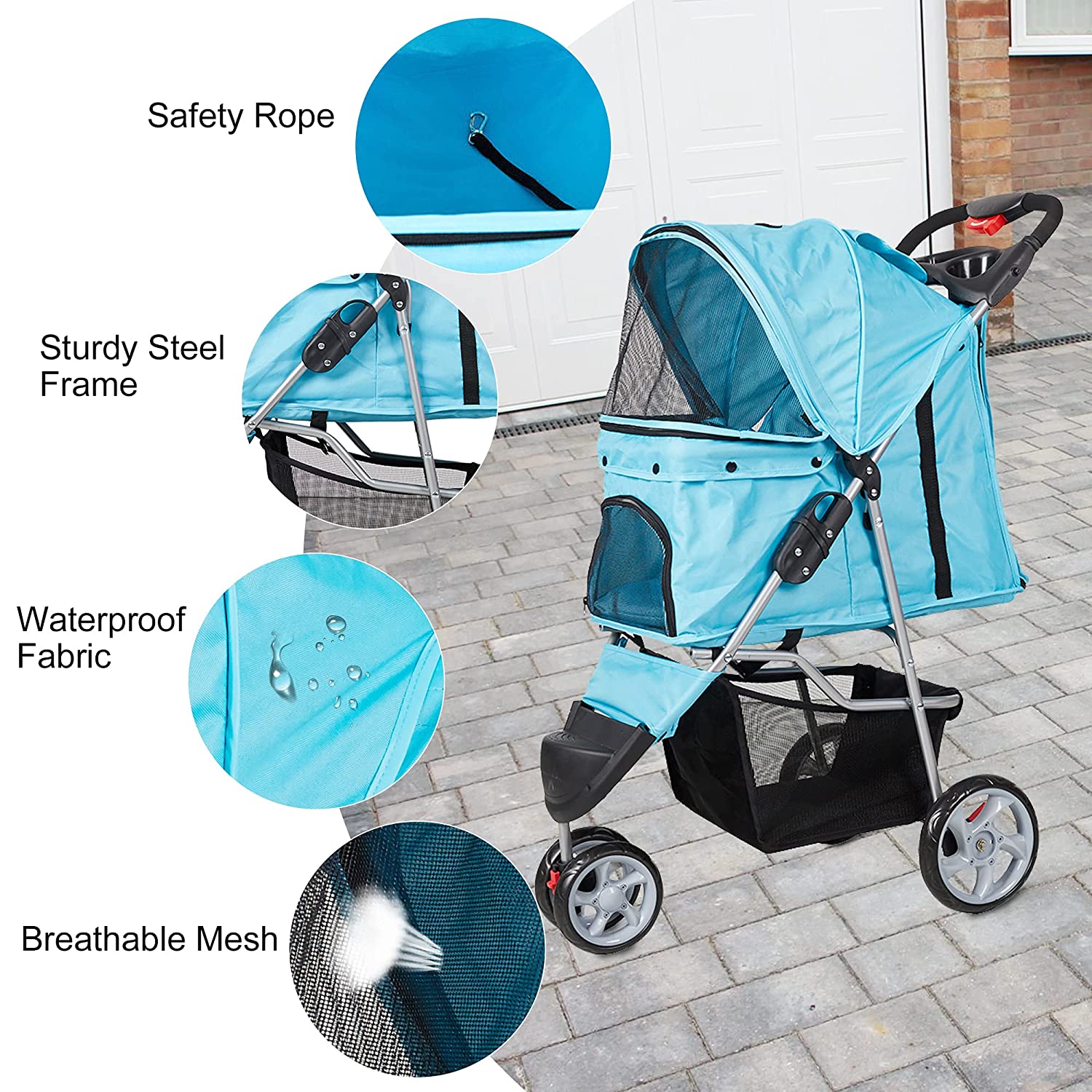 (Out of Stock) Pet Stroller for Dog Cat Small Animal Folding Walk Jogger Travel Carrier Cart with Three Wheels, Blue - Bosonshop