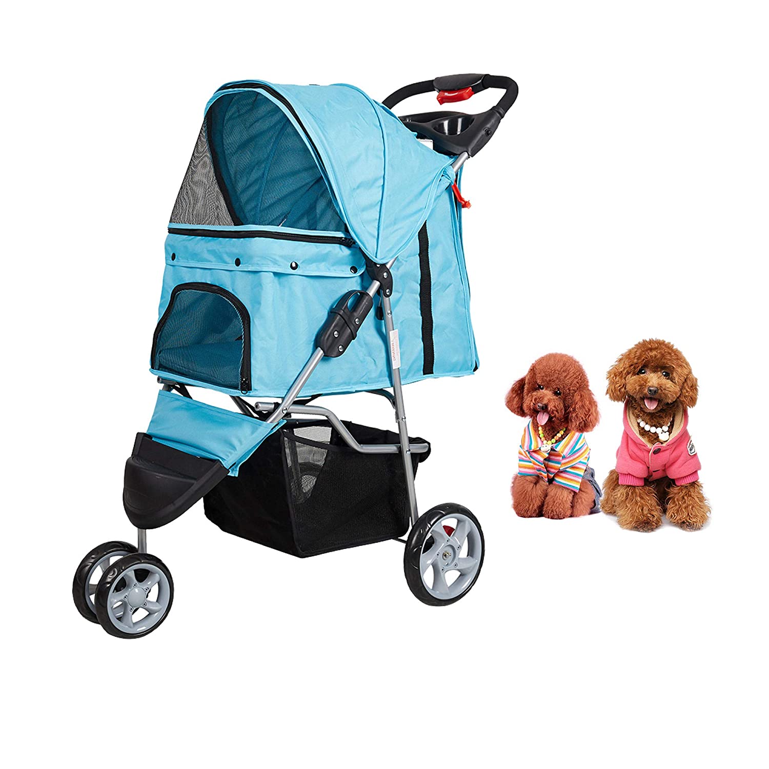 (Out of Stock) Pet Stroller for Dog Cat Small Animal Folding Walk Jogger Travel Carrier Cart with Three Wheels, Blue - Bosonshop