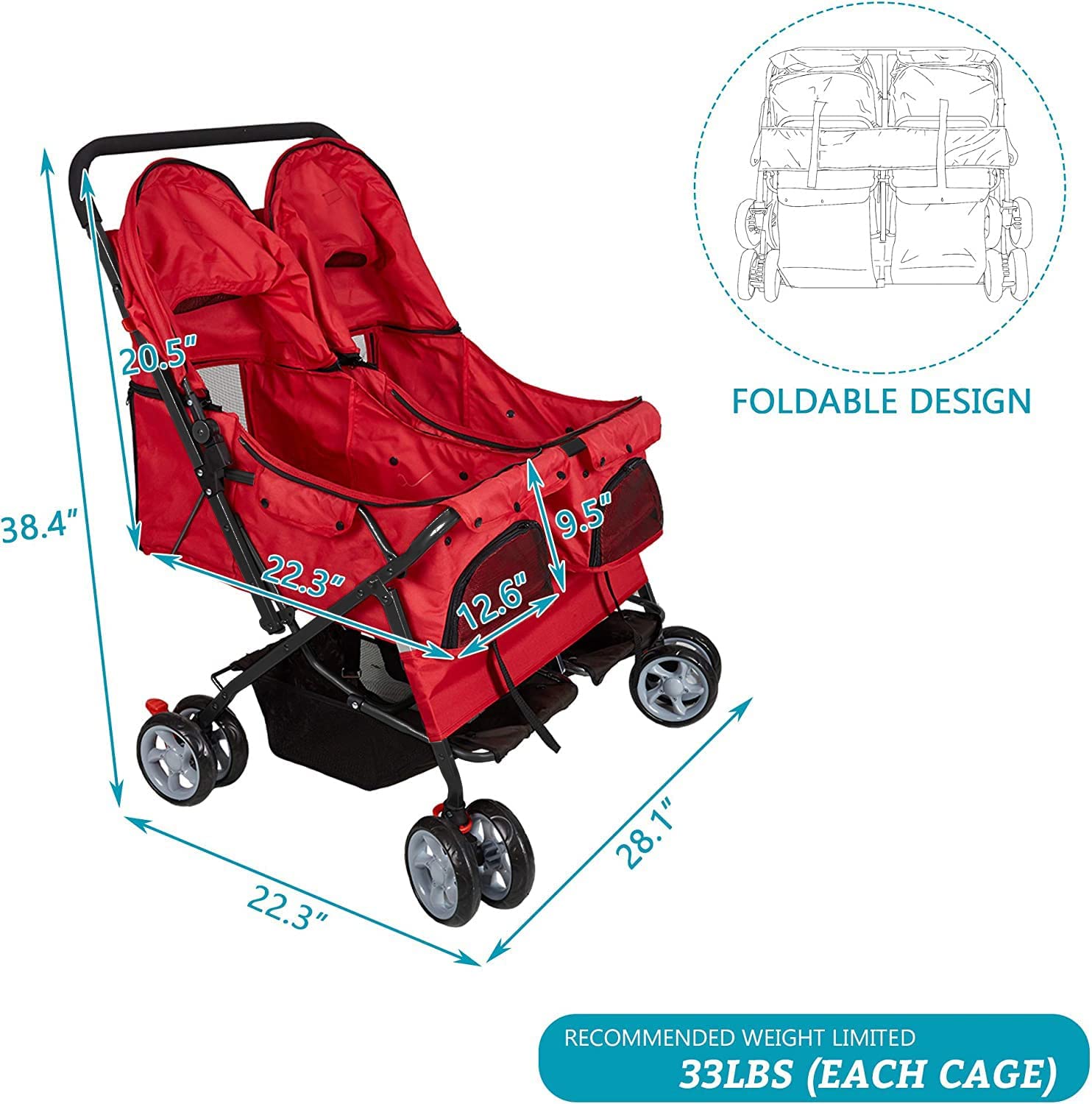 Double Folding Dog & Cat Stroller Two-Seater Pet Carrier Cart, Red - Bosonshop