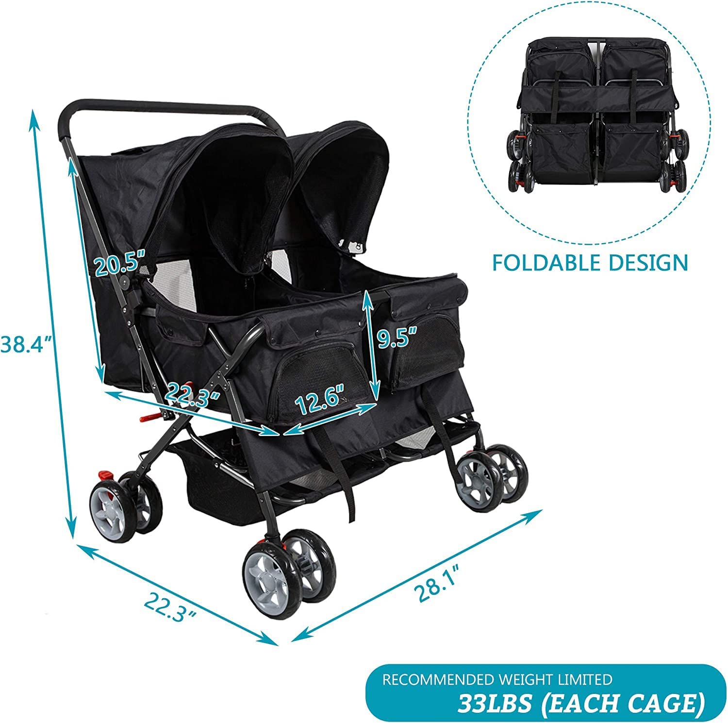 Pet Stroller Twin Folding Dog Cat Carrier Travel Cart, Black - Bosonshop