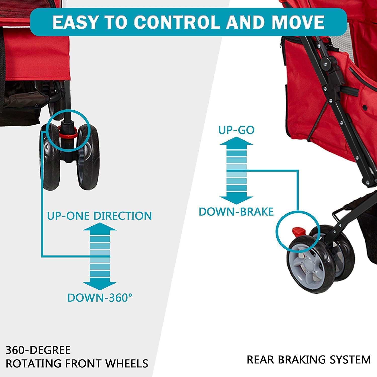 Double Folding Dog & Cat Stroller Two-Seater Pet Carrier Cart, Red - Bosonshop