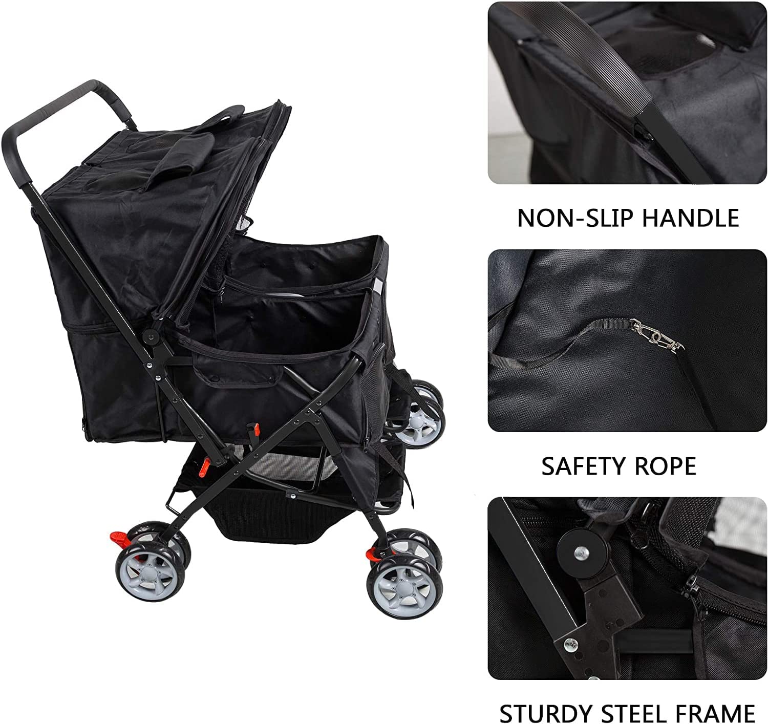 Pet Stroller Twin Folding Dog Cat Carrier Travel Cart, Black - Bosonshop