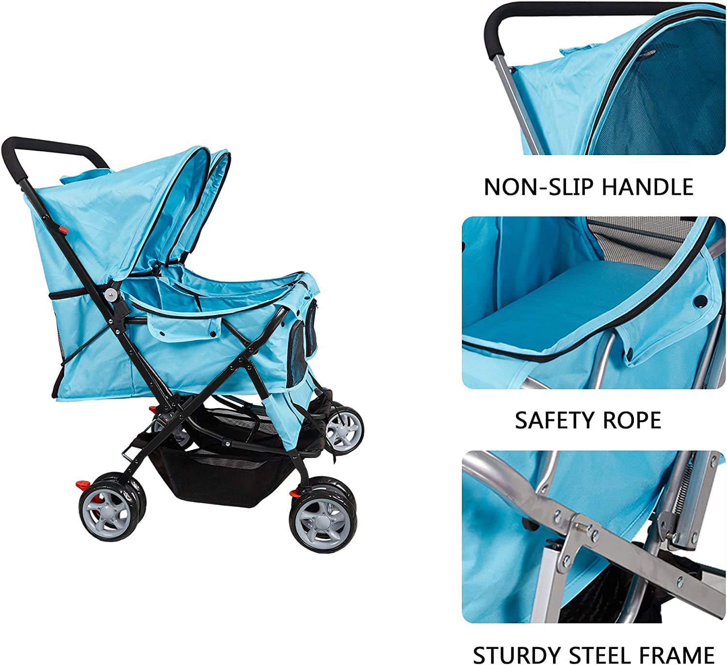 Folding 4 Wheels Double Pet Stroller Two-Seater Carrier Cart, Blue - Bosonshop