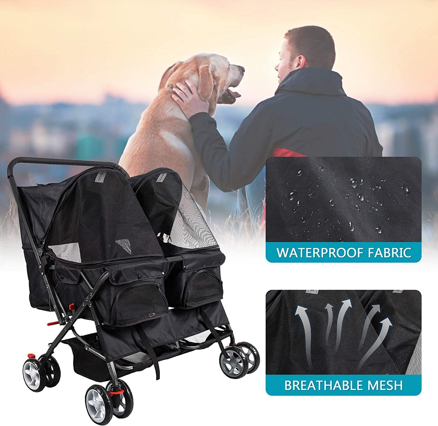 Pet Stroller Twin Folding Dog Cat Carrier Travel Cart, Black - Bosonshop