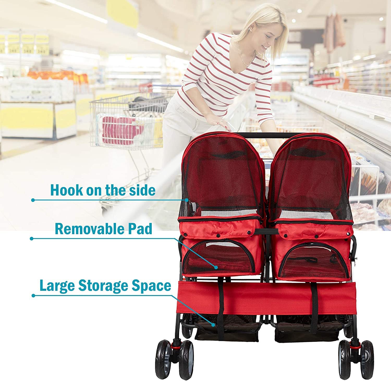 Double Folding Dog & Cat Stroller Two-Seater Pet Carrier Cart, Red - Bosonshop