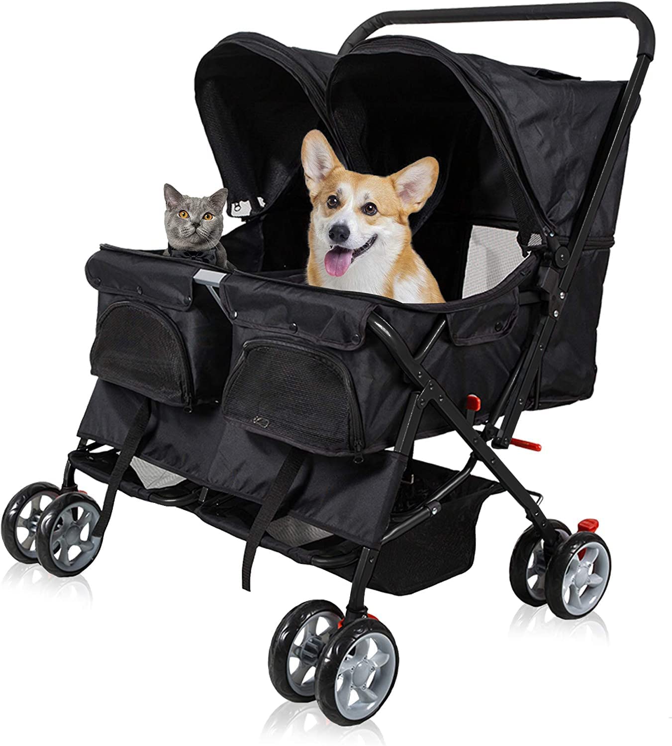 Pet Stroller Twin Folding Dog Cat Carrier Travel Cart, Black - Bosonshop