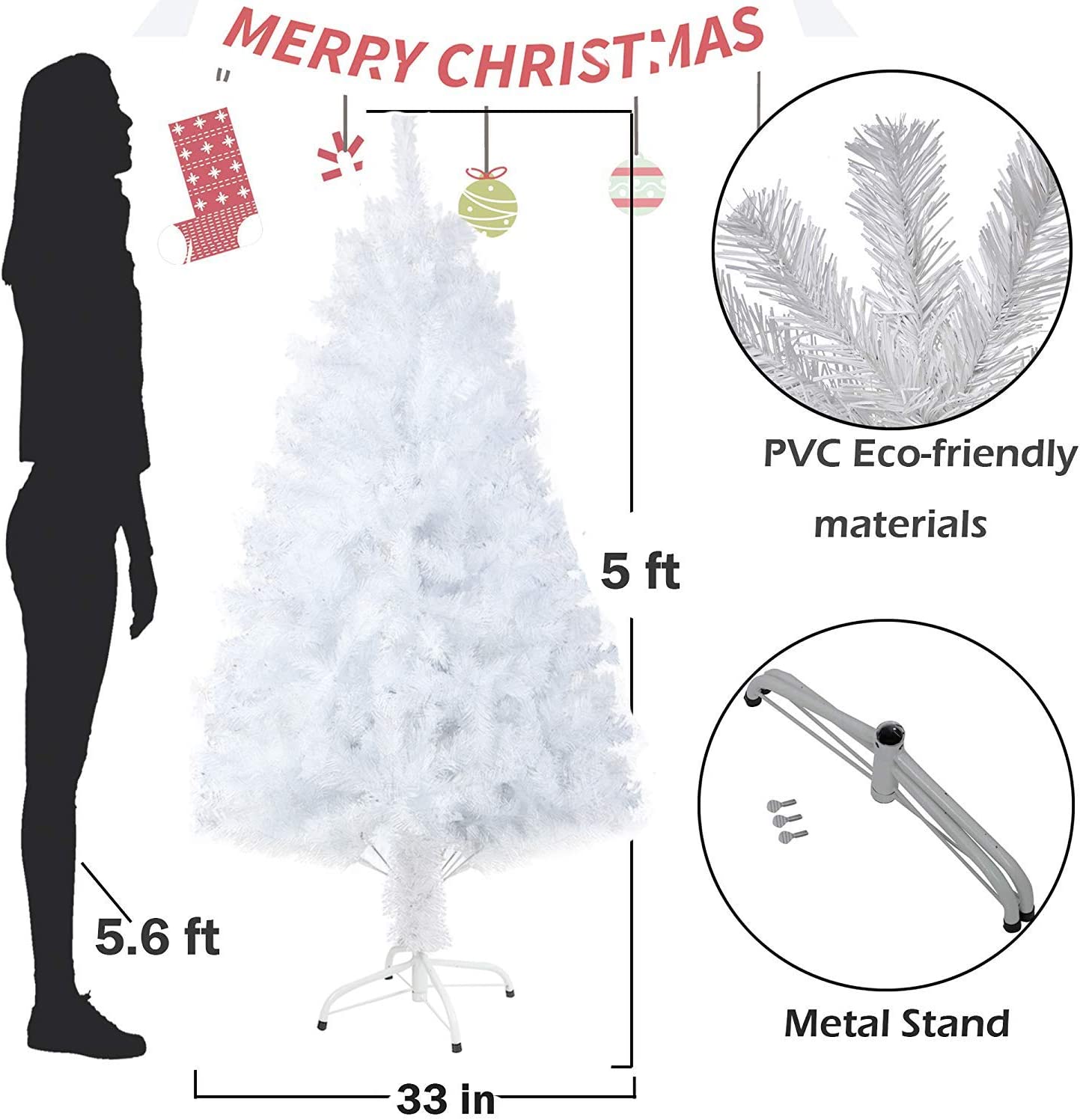 5' Artificial Christmas Tree White Small Fake Xmas Tree Realistic Pine Trees with Solid Metal Stand, 450 Tips - Bosonshop