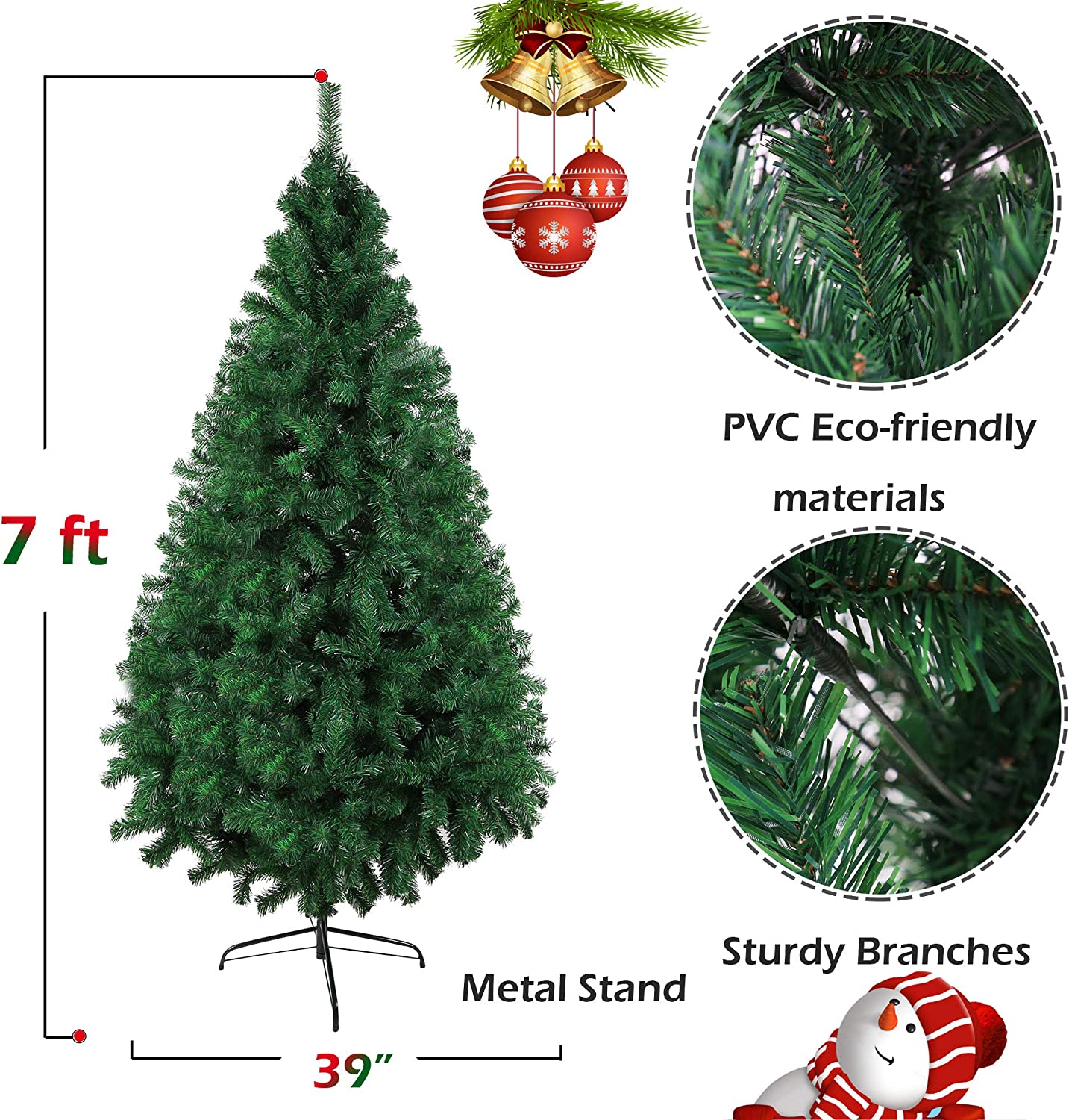 7' Christmas Pine Tree Artificial Fake Xmas Tree with Solid Metal Stand and Decoration for Festival Party Holiday, Green - Bosonshop