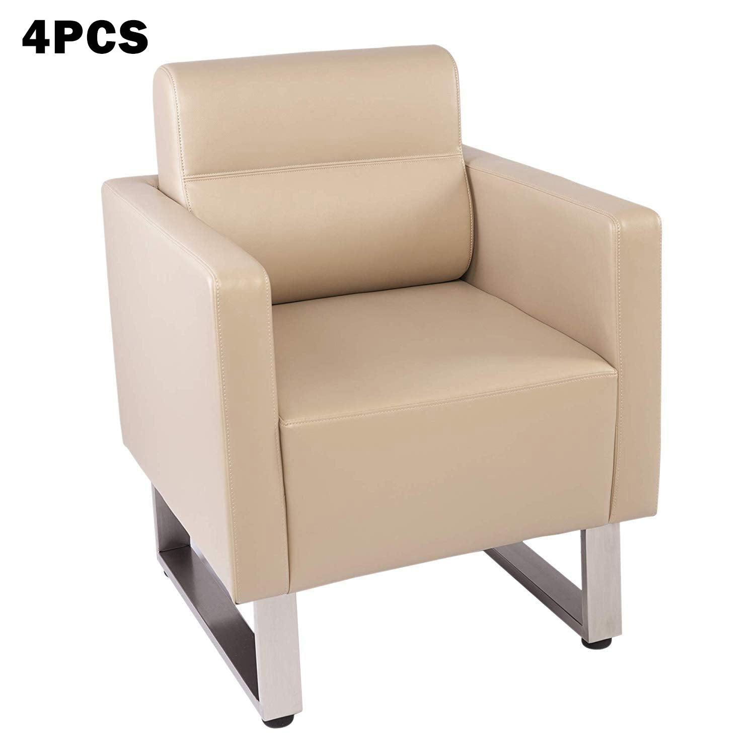 (Out of Stock) 4 Pieces Office Guest Chairs Reception Chairs Leather Soft Barrel Sofas, Beige - Bosonshop