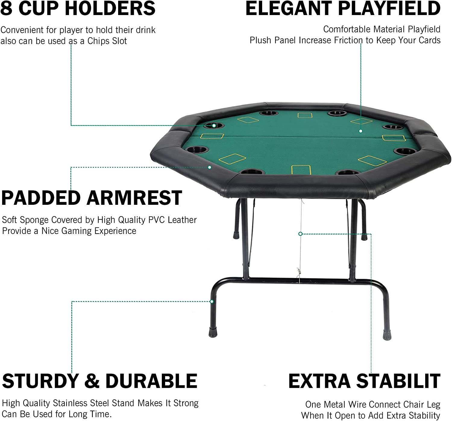 48" Octagon Foldable Poker Table for 8 Player Texas Casino Blackjack Table with Plastic Cup Holders - Bosonshop