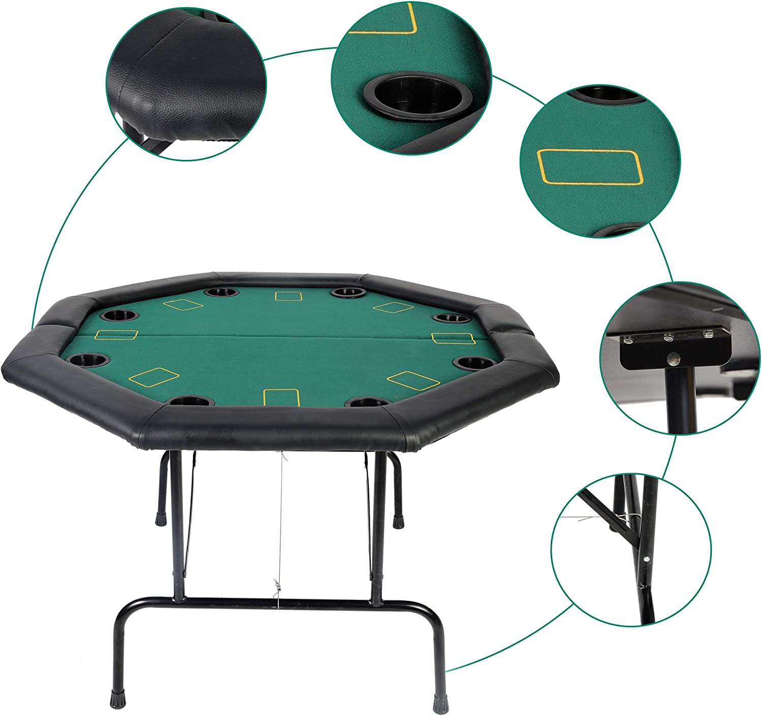 48" Octagon Foldable Poker Table for 8 Player Texas Casino Blackjack Table with Plastic Cup Holders - Bosonshop