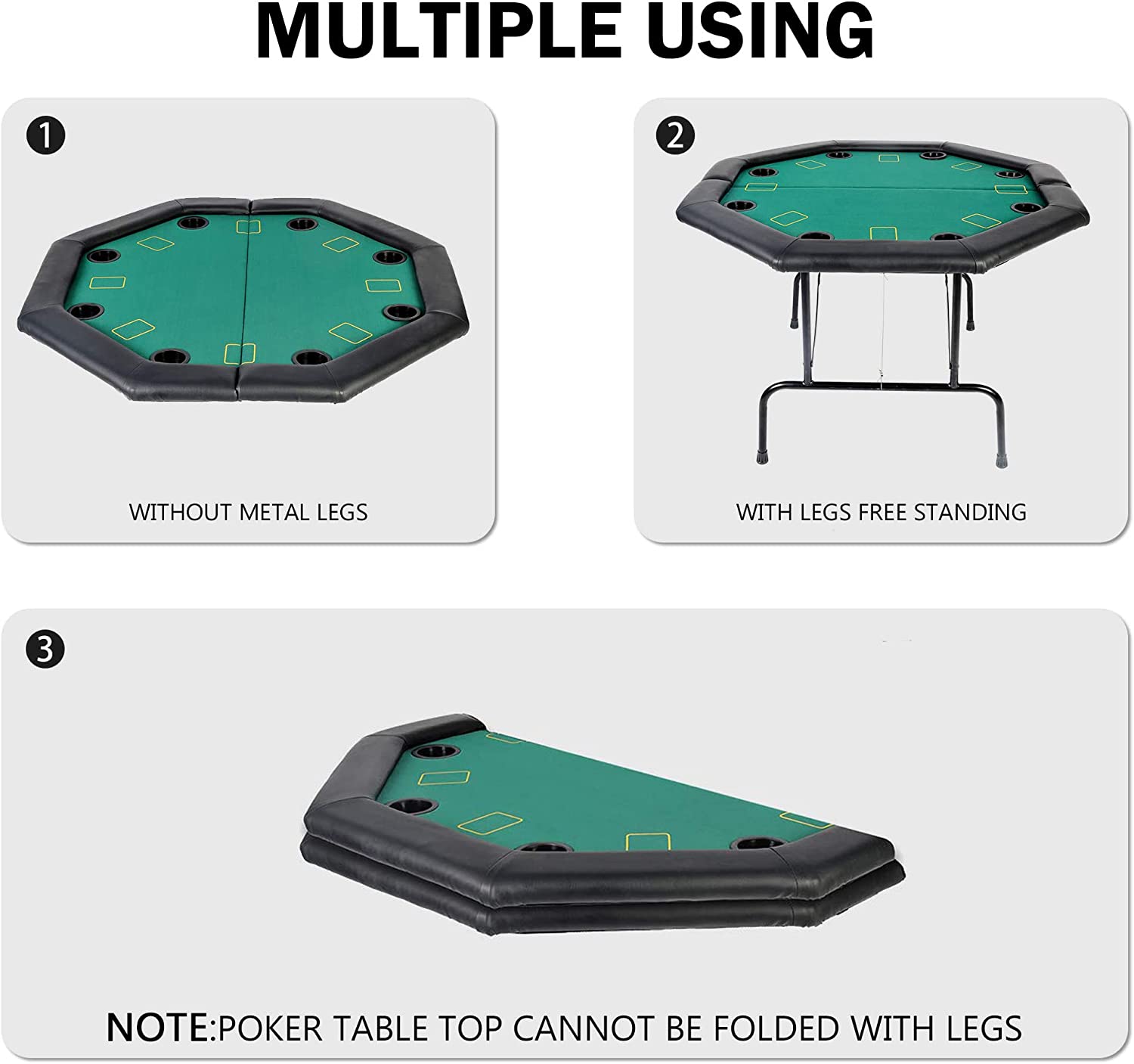 48" Octagon Foldable Poker Table for 8 Player Texas Casino Blackjack Table with Plastic Cup Holders - Bosonshop