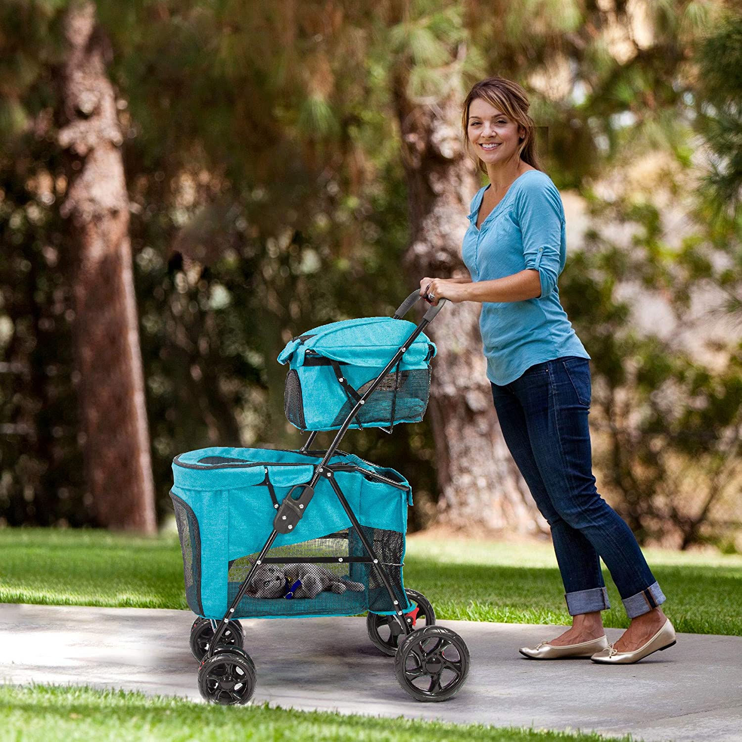 (Out of Stock) Double Decker Pet Stroller 4 Wheels Lightweight Foldable Dog and Cat Strollers Carrier for Walk, Travel, Jogger - Bosonshop