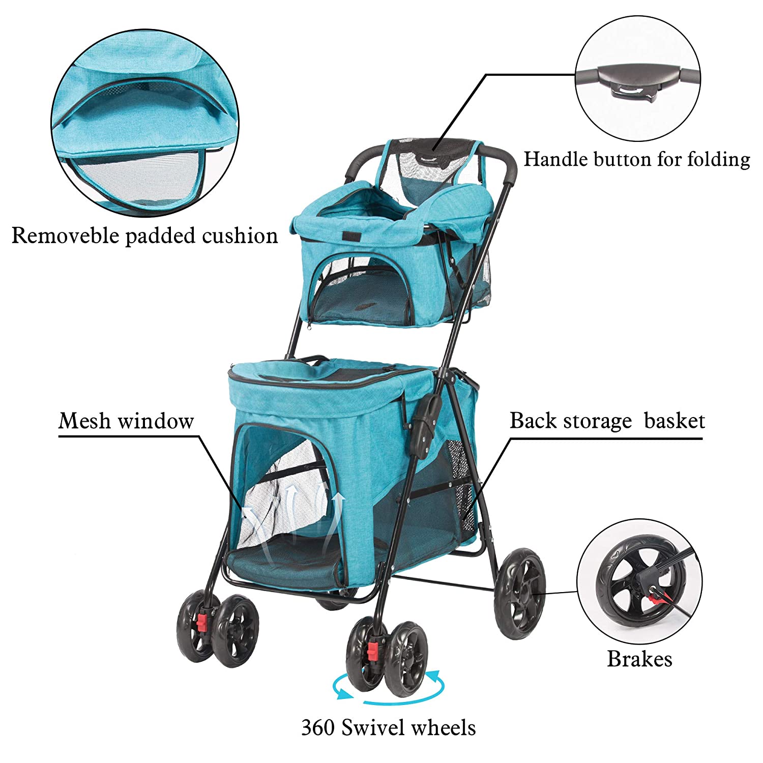 (Out of Stock) Double Decker Pet Stroller 4 Wheels Lightweight Foldable Dog and Cat Strollers Carrier for Walk, Travel, Jogger - Bosonshop