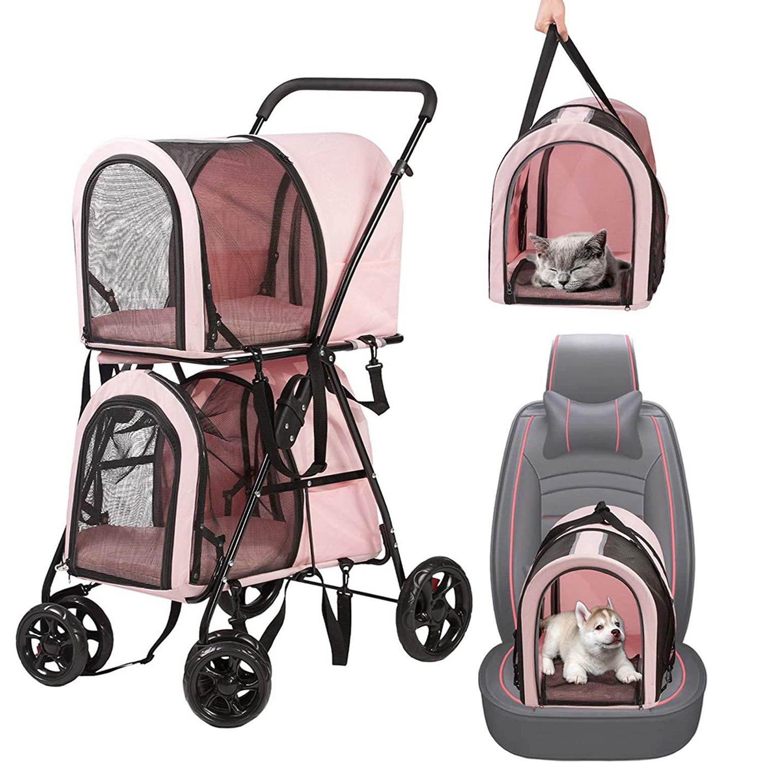 Detachable 3-in-1 Double Pet Stroller with 2 Travel Carriage Bags, Pink - Bosonshop