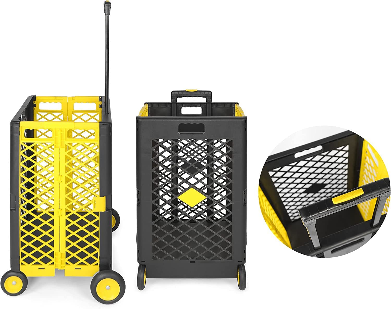 55L Foldable Rolling Cart with Wheels, Portable Updated Utility Tools Rolling Crate w/ Telescopic Handle, Yellow - Bosonshop