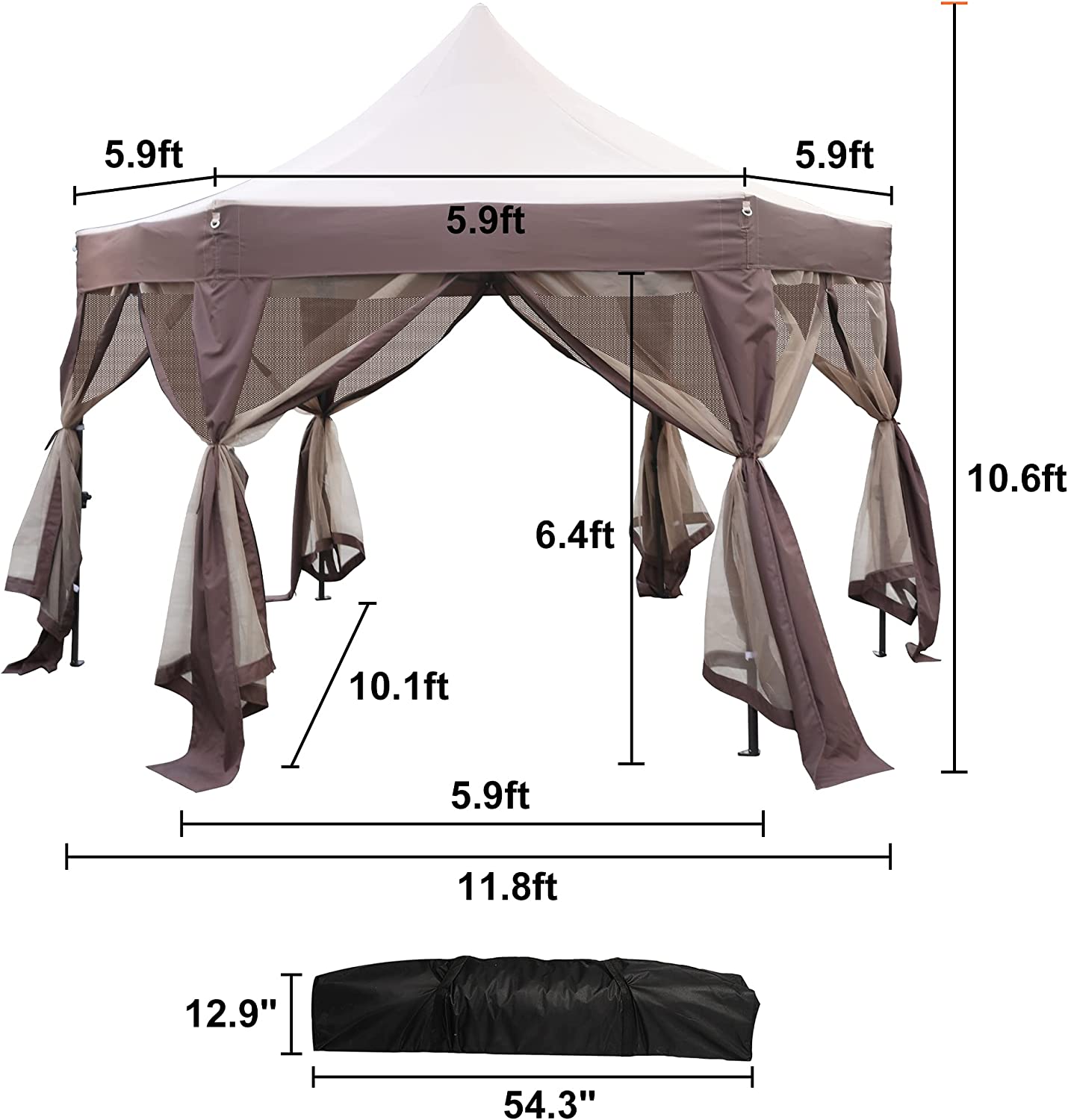 12' X 12' Gazebo with Mosquito Netting Outdoor Hexagonal Pop up Canopy Tent with Strong Iron Frame Storage Bag - Bosonshop