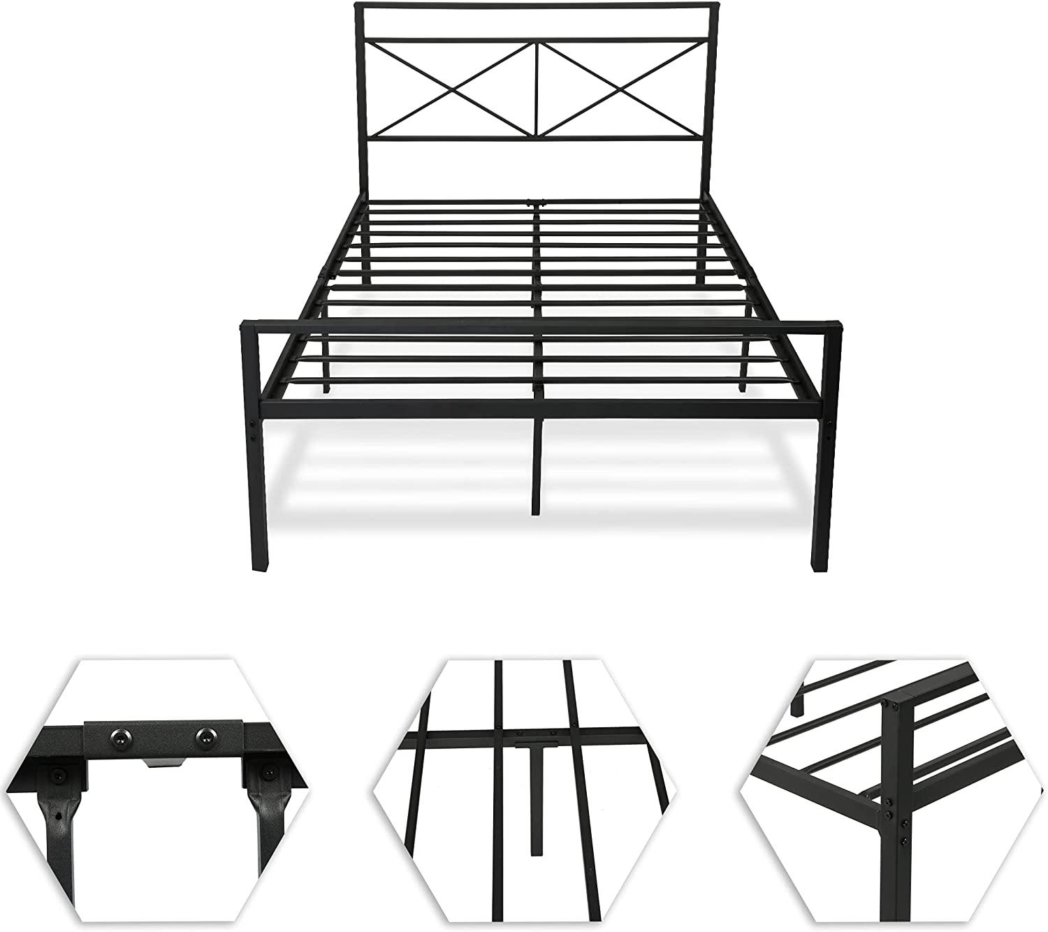 Full Size Platform Bed w/ Headboard, Heavy Duty Metal Slat & Anti-Slip Support, Easy Quick Assembly - Bosonshop