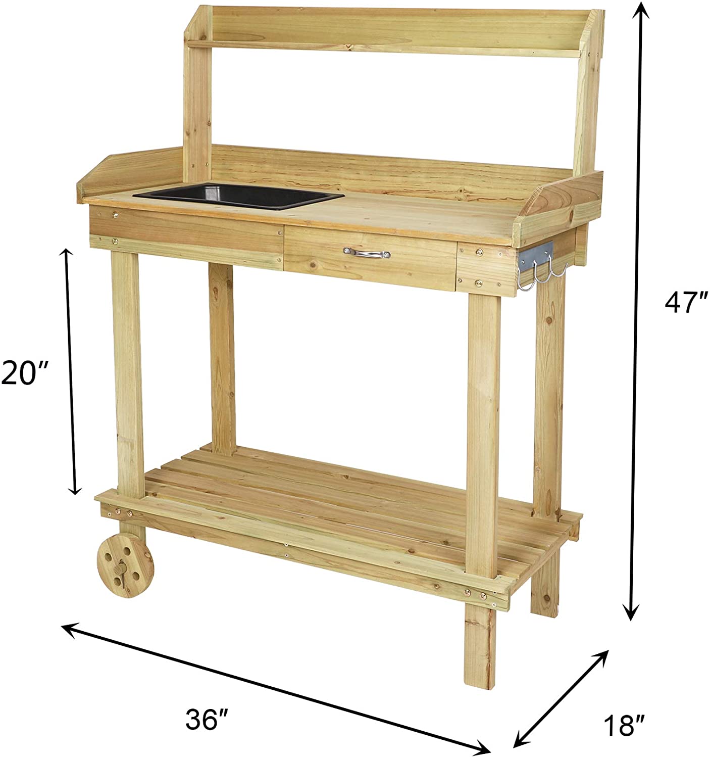 Potting Bench Table Wooden Gardening Plant Workstation Natural Solid Wood w/Wheels and Drawer Sink Hook Open Shelf - Bosonshop