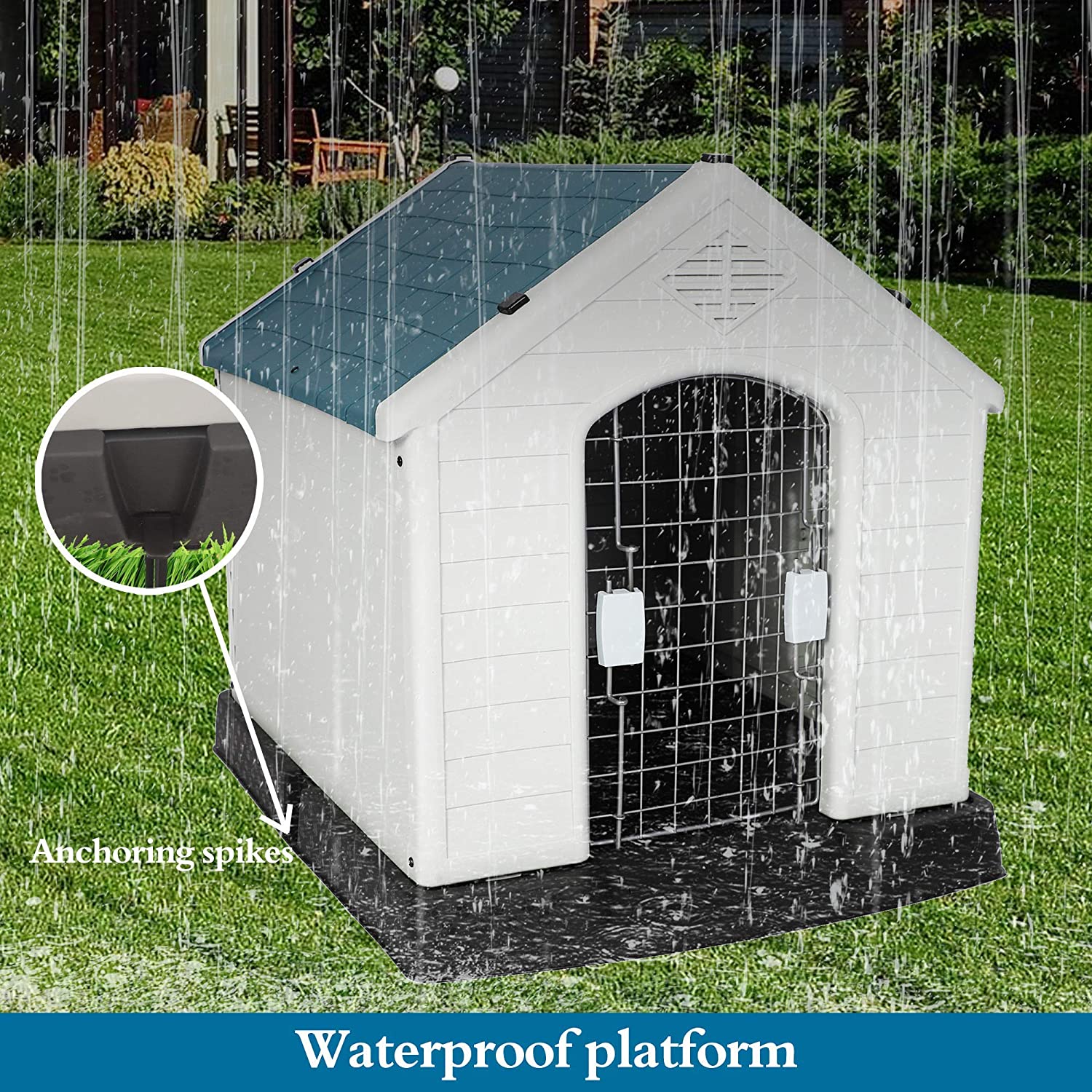 Plastic Ventilate Dog House with Door 28.3" Height Weatherproof Pet House with Elevated Floor, Medium - Bosonshop