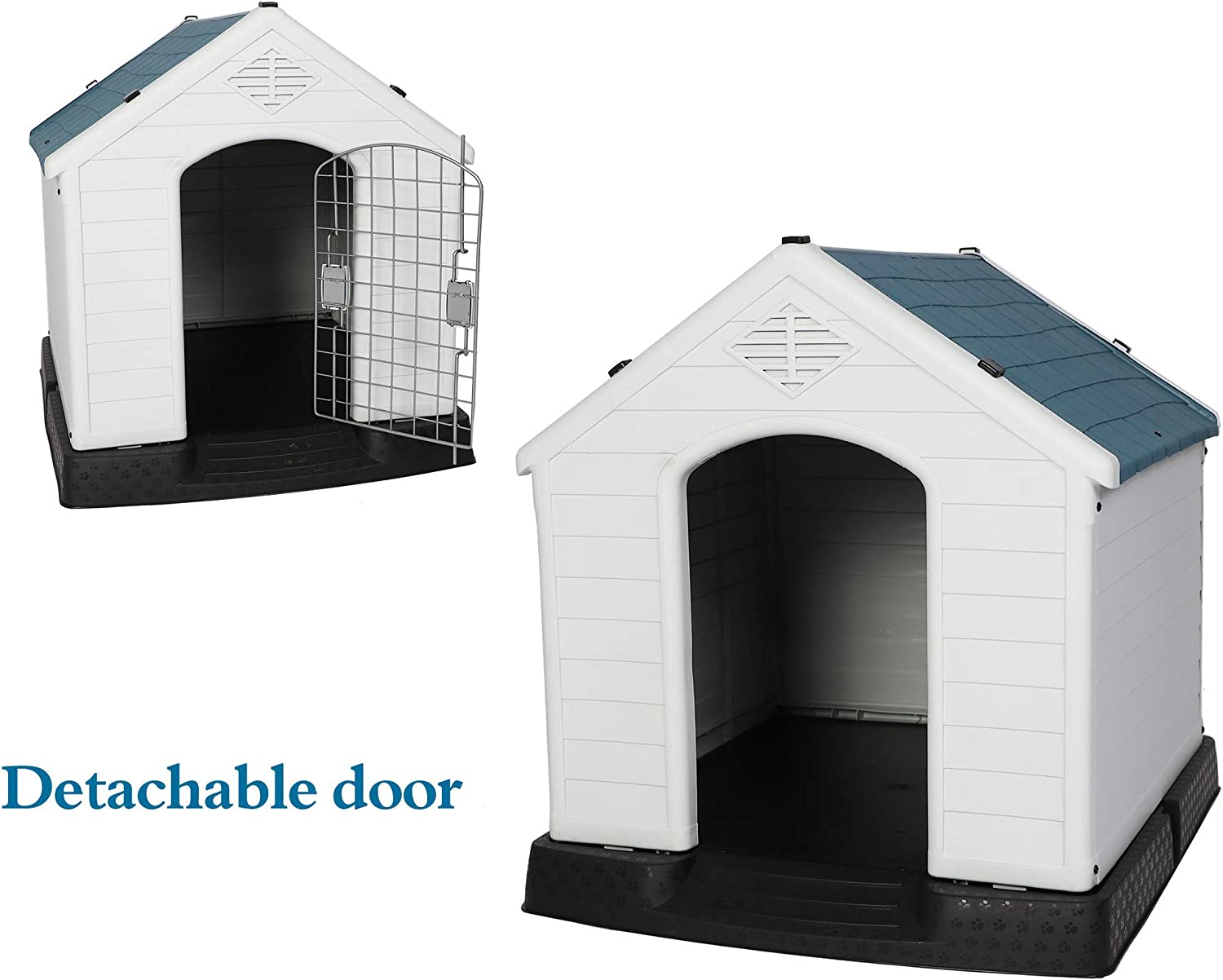 Plastic Ventilate Dog House with Door 28.3" Height Weatherproof Pet House with Elevated Floor, Medium - Bosonshop