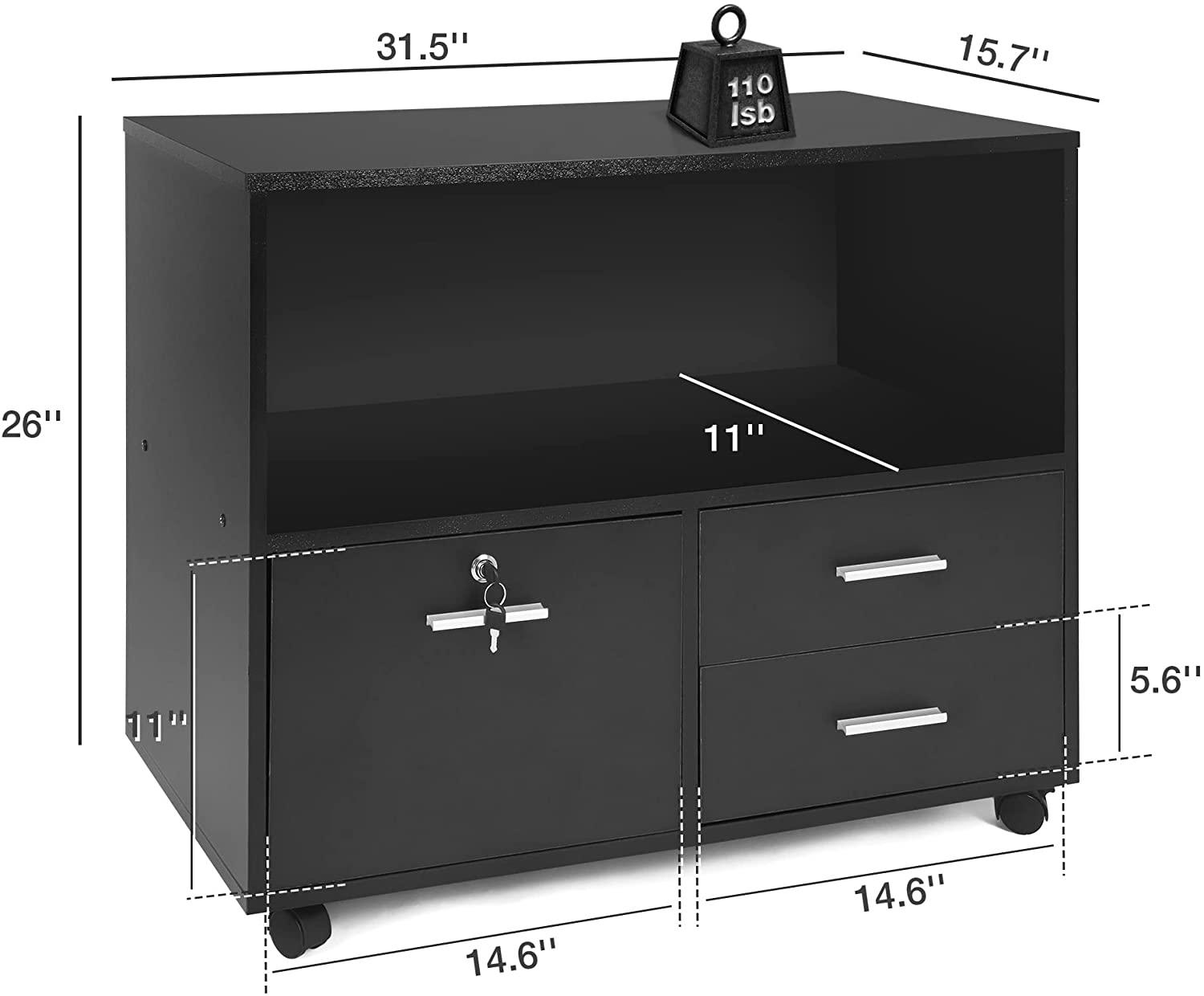 Filing Cabinet Printer Stand Mobile Lateral File Cabinet w/ 3 Drawers & 1 Open Storage Shelves for Home Office Organization, Black - Bosonshop