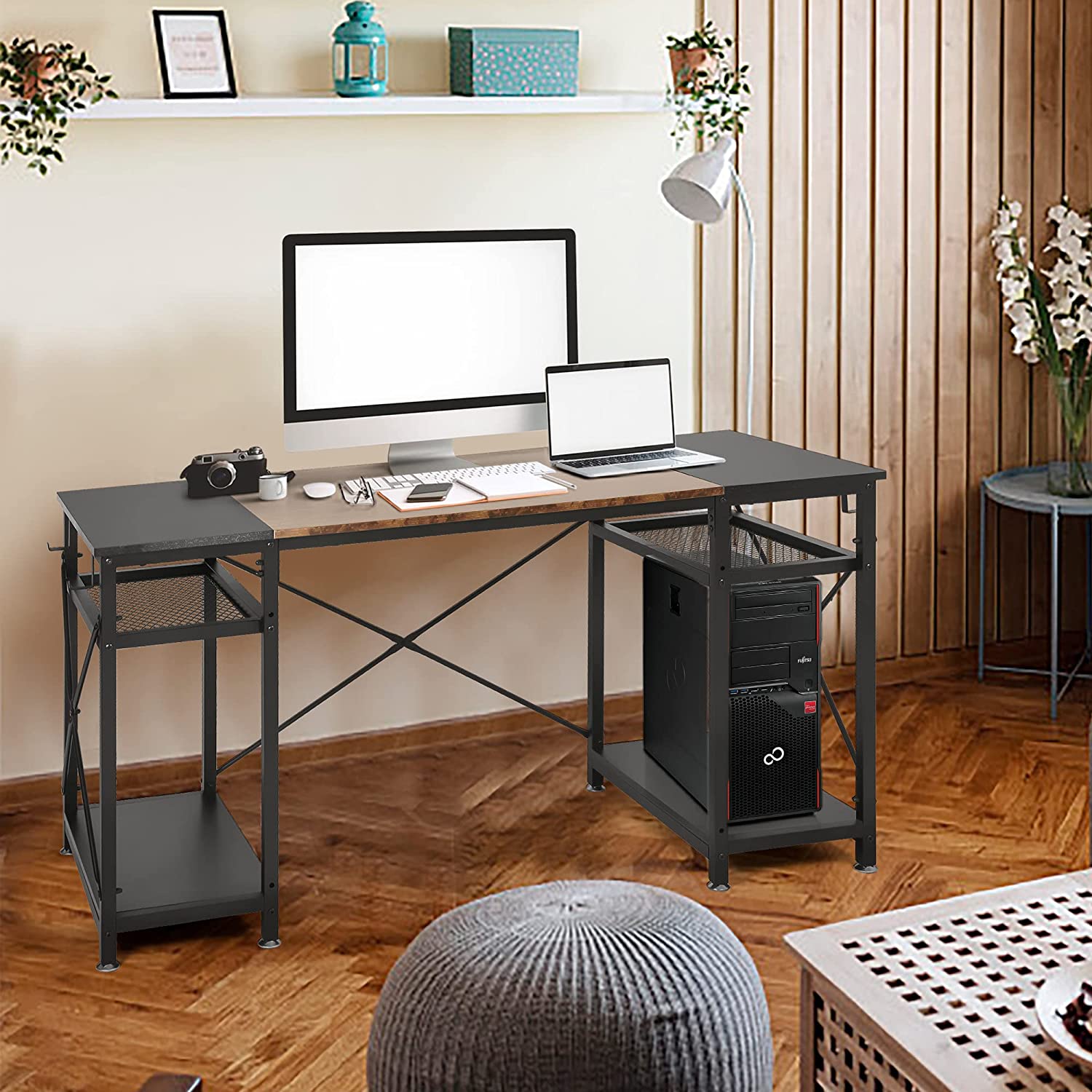 Spacious 47.2" Computer Desk with Storage Shelves, Hooks, and CPU Stand - Ideal Home Office Desk for Study and Work, Stylish Black - Bosonshop