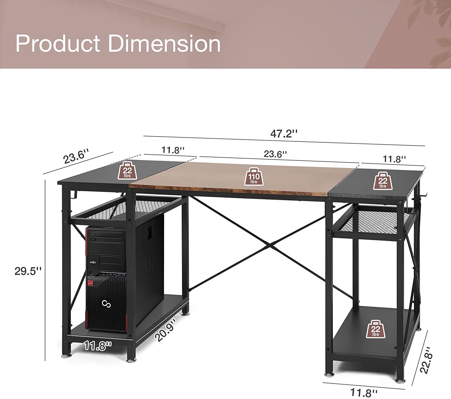 Spacious 47.2" Computer Desk with Storage Shelves, Hooks, and CPU Stand - Ideal Home Office Desk for Study and Work, Stylish Black - Bosonshop