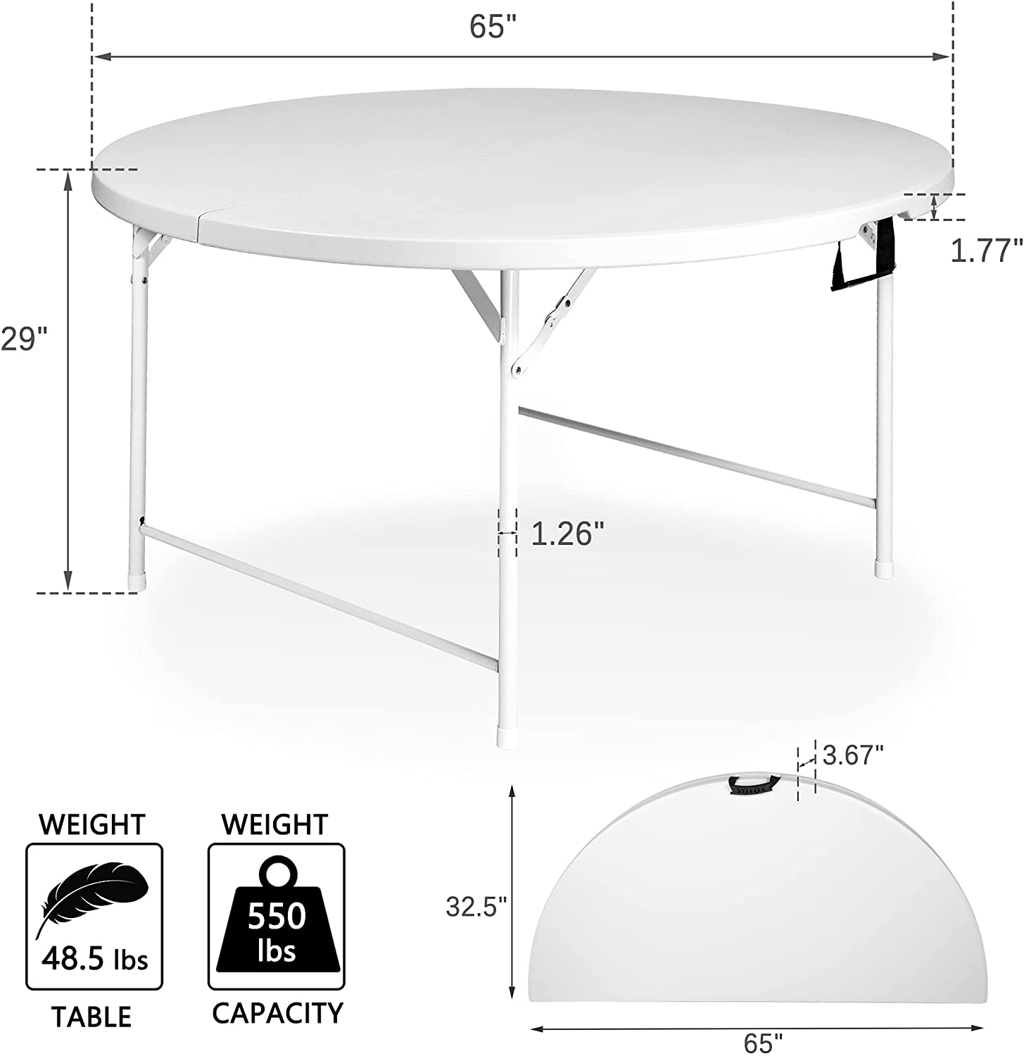 65" Dia Round Dining Table Comfortable, White Patio Plastic Folding Table for Outdoor - Bosonshop