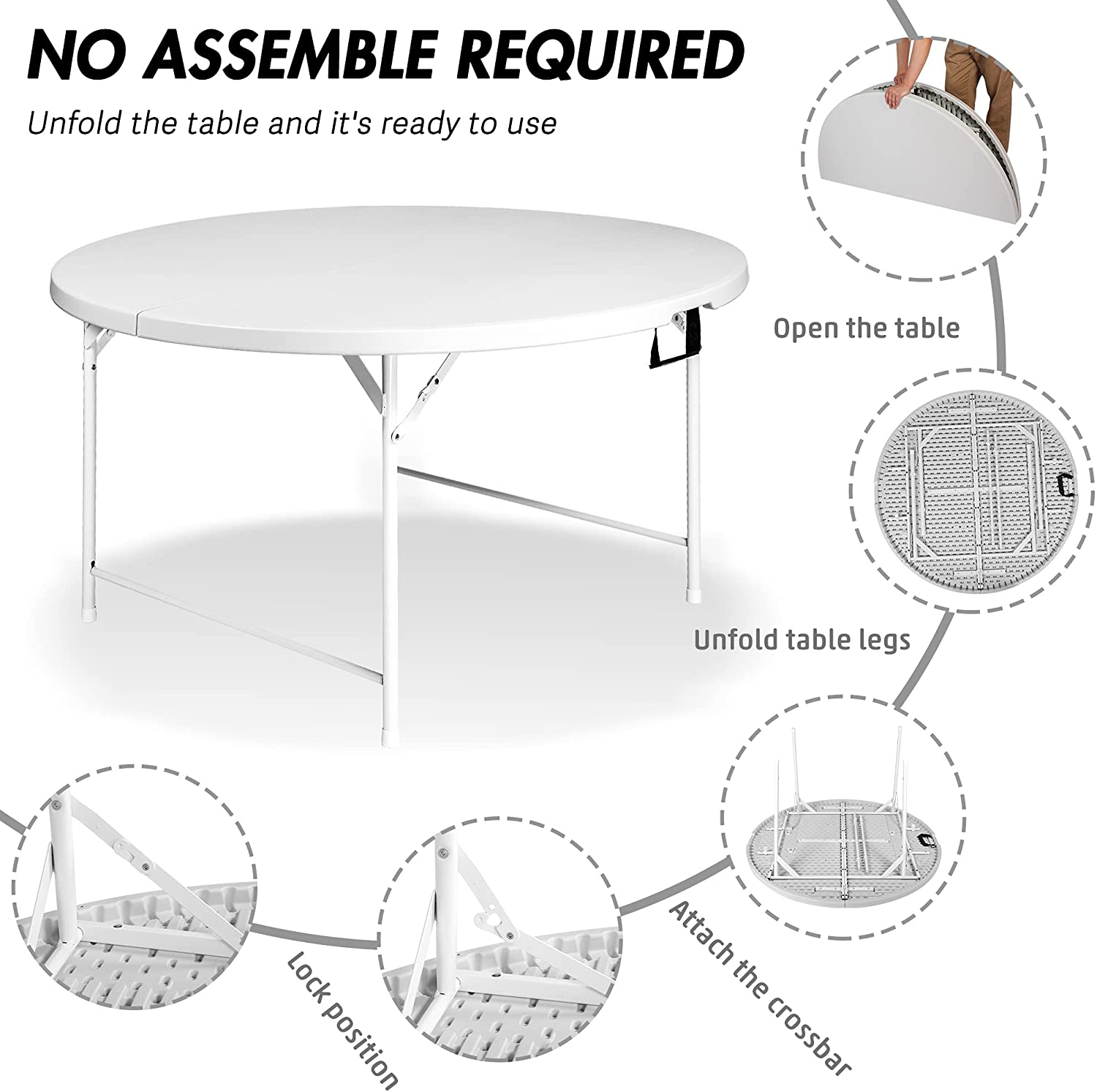 65" Dia Round Dining Table Comfortable, White Patio Plastic Folding Table for Outdoor - Bosonshop