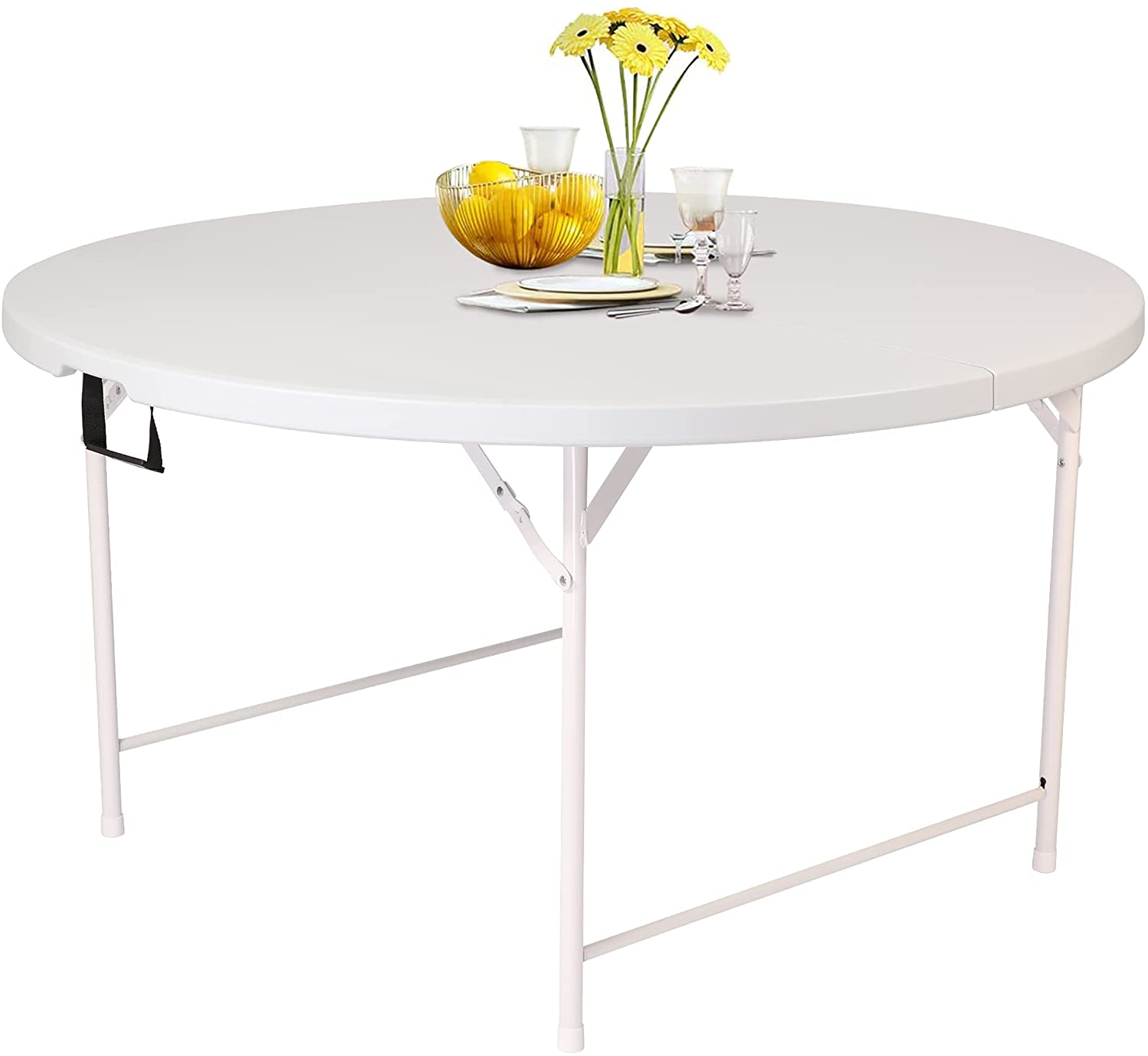 53" Diameter Round Folding Table Portable Plastic Dining Card Table for 6-8, White - Bosonshop