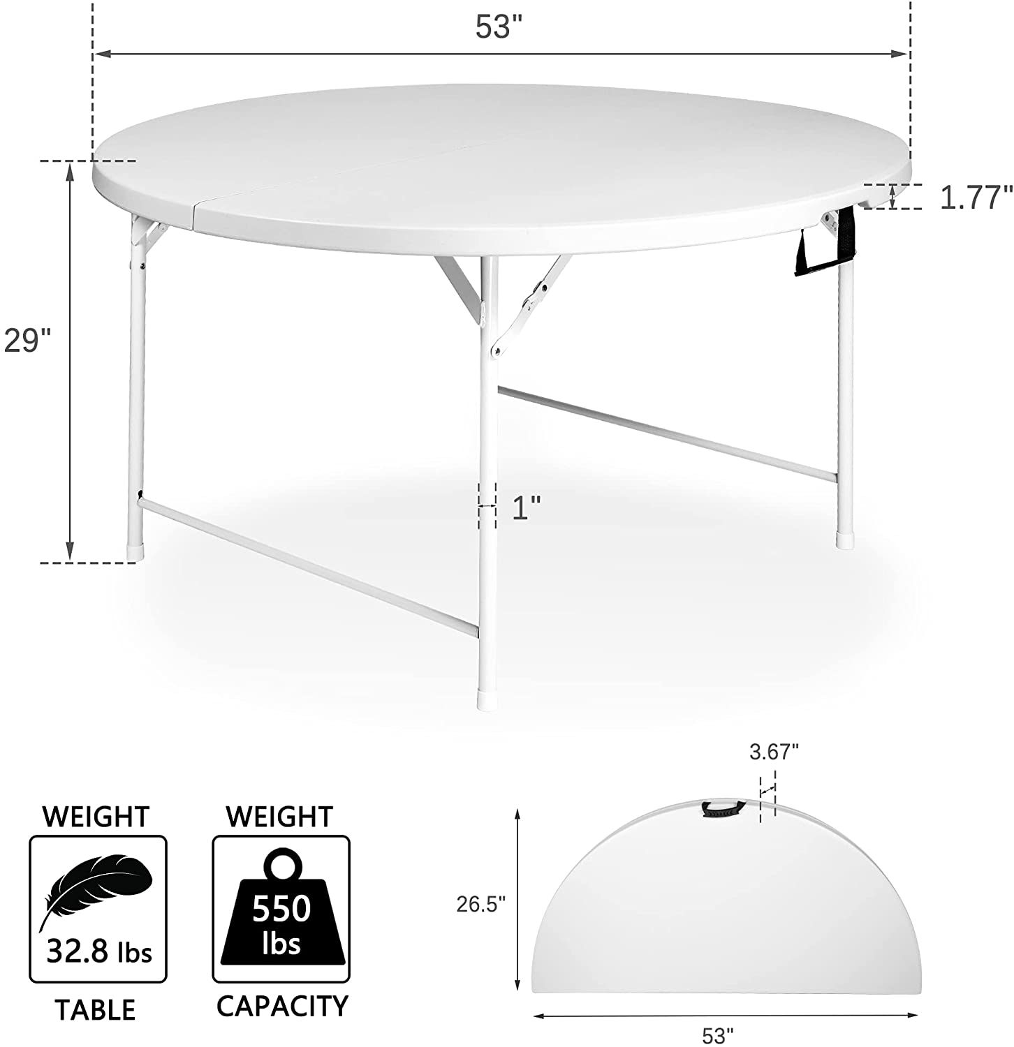 53" Diameter Round Folding Table Portable Plastic Dining Card Table for 6-8, White - Bosonshop