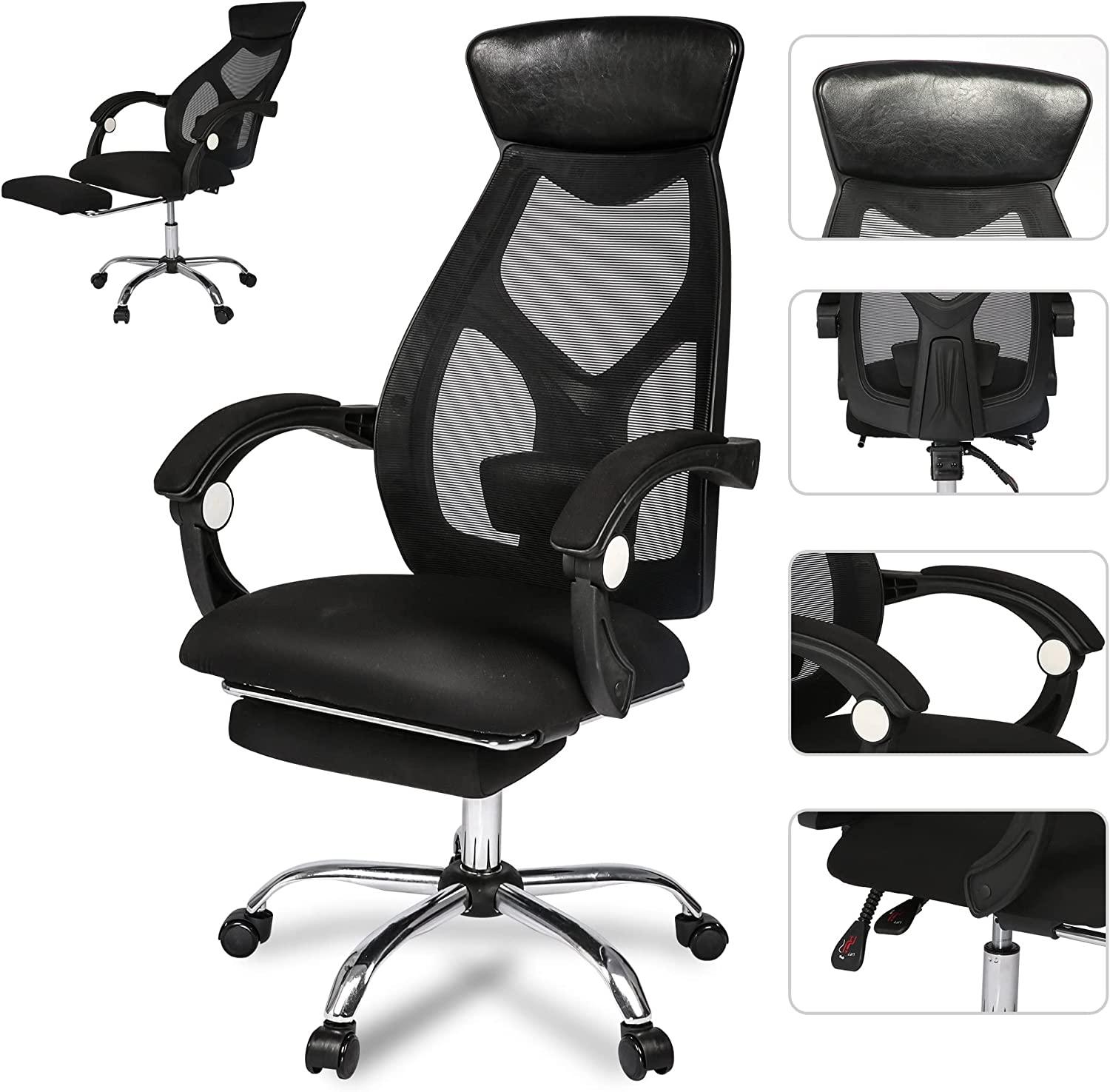 Ergonomic Office Desk Chair Mesh High Back Leather Headrest Adjustable Lumbar Support Recliner, Black - Bosonshop