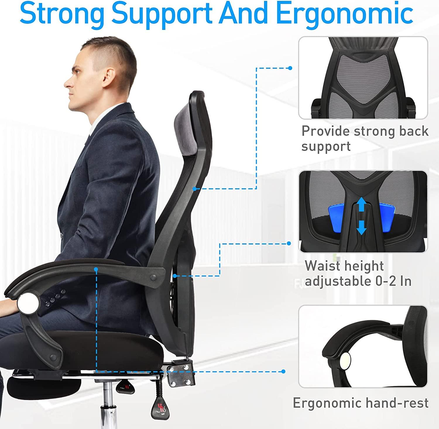 Ergonomic Office Desk Chair Mesh High Back Leather Headrest Adjustable Lumbar Support Recliner, Black - Bosonshop