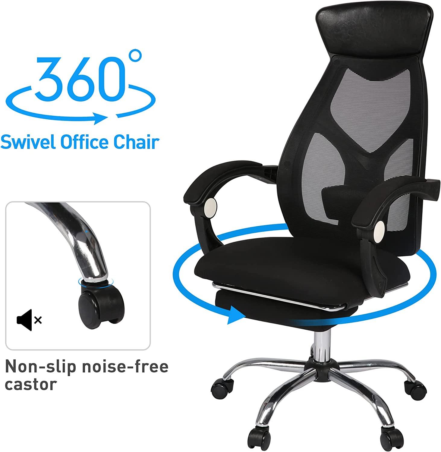 Ergonomic Office Desk Chair Mesh High Back Leather Headrest Adjustable Lumbar Support Recliner, Black - Bosonshop