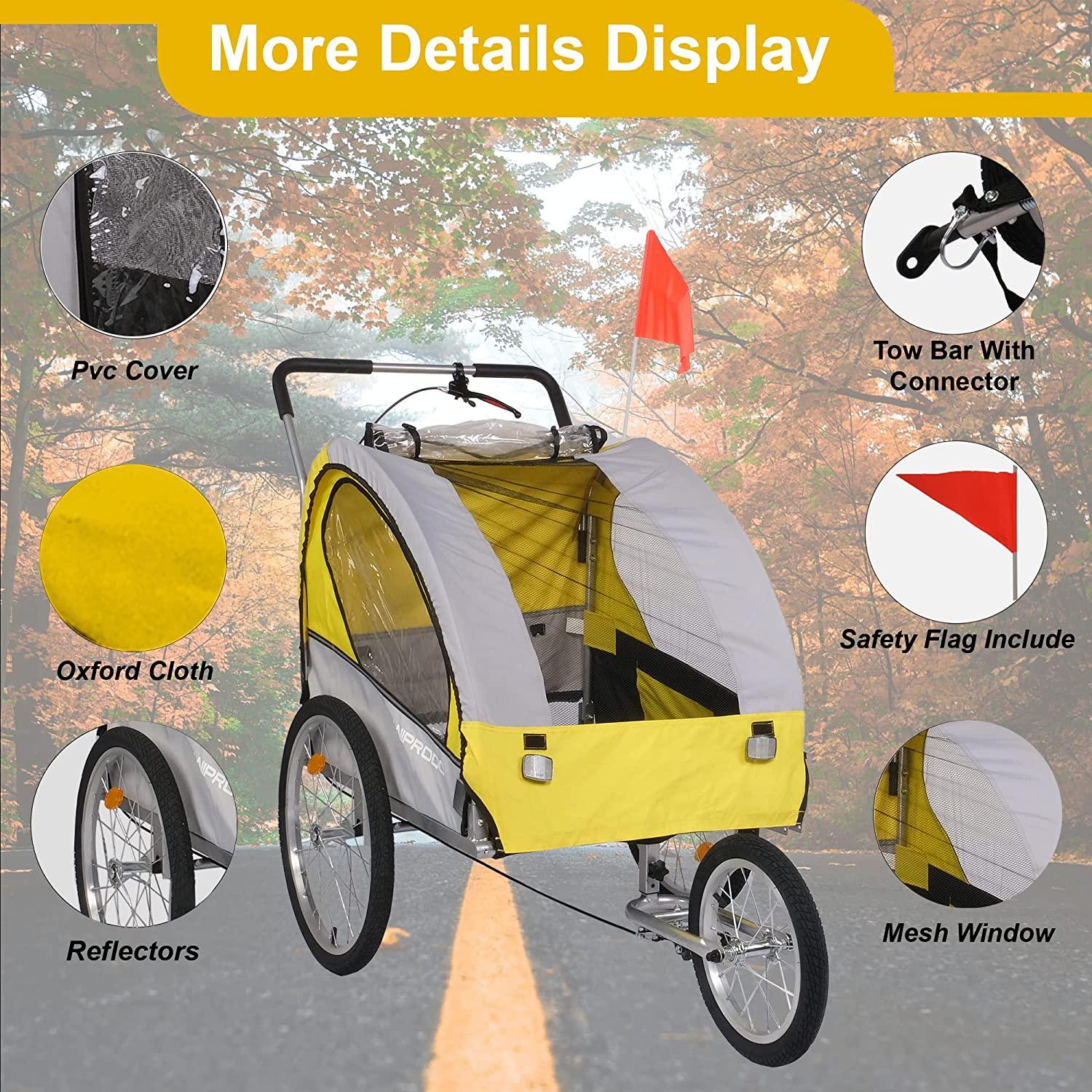 Dog Bike Trailer Cart 2 in 1 Pet Bicycle Stroller for Travel with Reflectors Parking Brake Breathable Protective Net, Yellow - Bosonshop