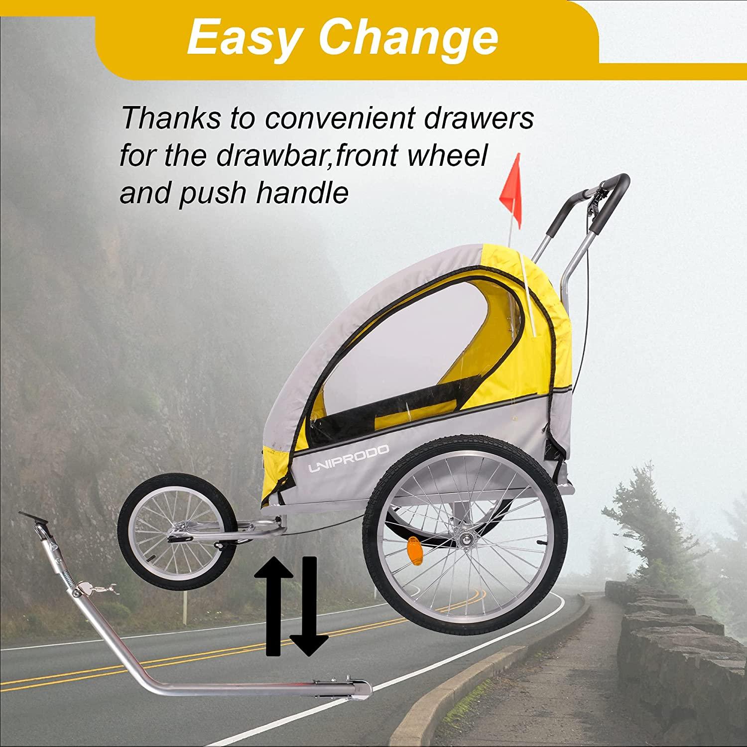 Dog Bike Trailer Cart 2 in 1 Pet Bicycle Stroller for Travel with Reflectors Parking Brake Breathable Protective Net, Yellow - Bosonshop