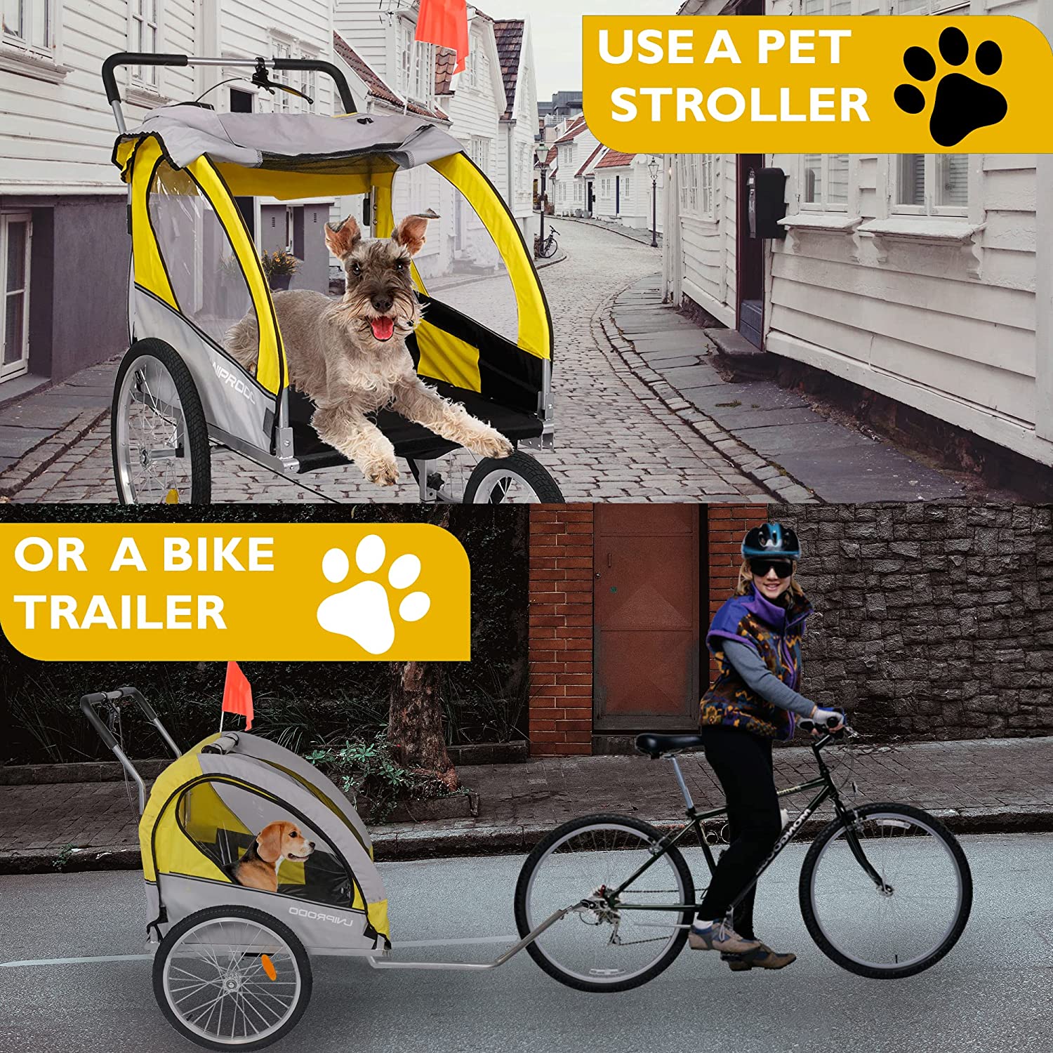 Dog Bike Trailer Cart 2 in 1 Pet Bicycle Stroller for Travel with Reflectors Parking Brake Breathable Protective Net, Yellow - Bosonshop