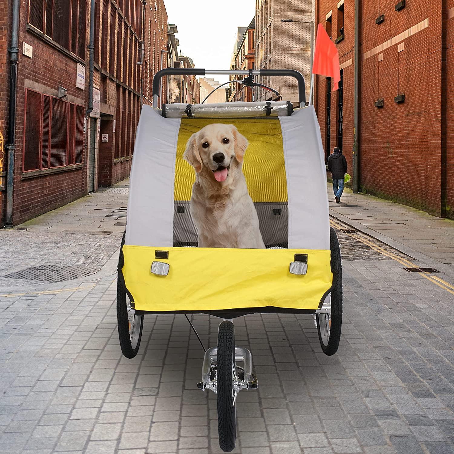 Dog Bike Trailer Cart 2 in 1 Pet Bicycle Stroller for Travel with Reflectors Parking Brake Breathable Protective Net, Yellow - Bosonshop