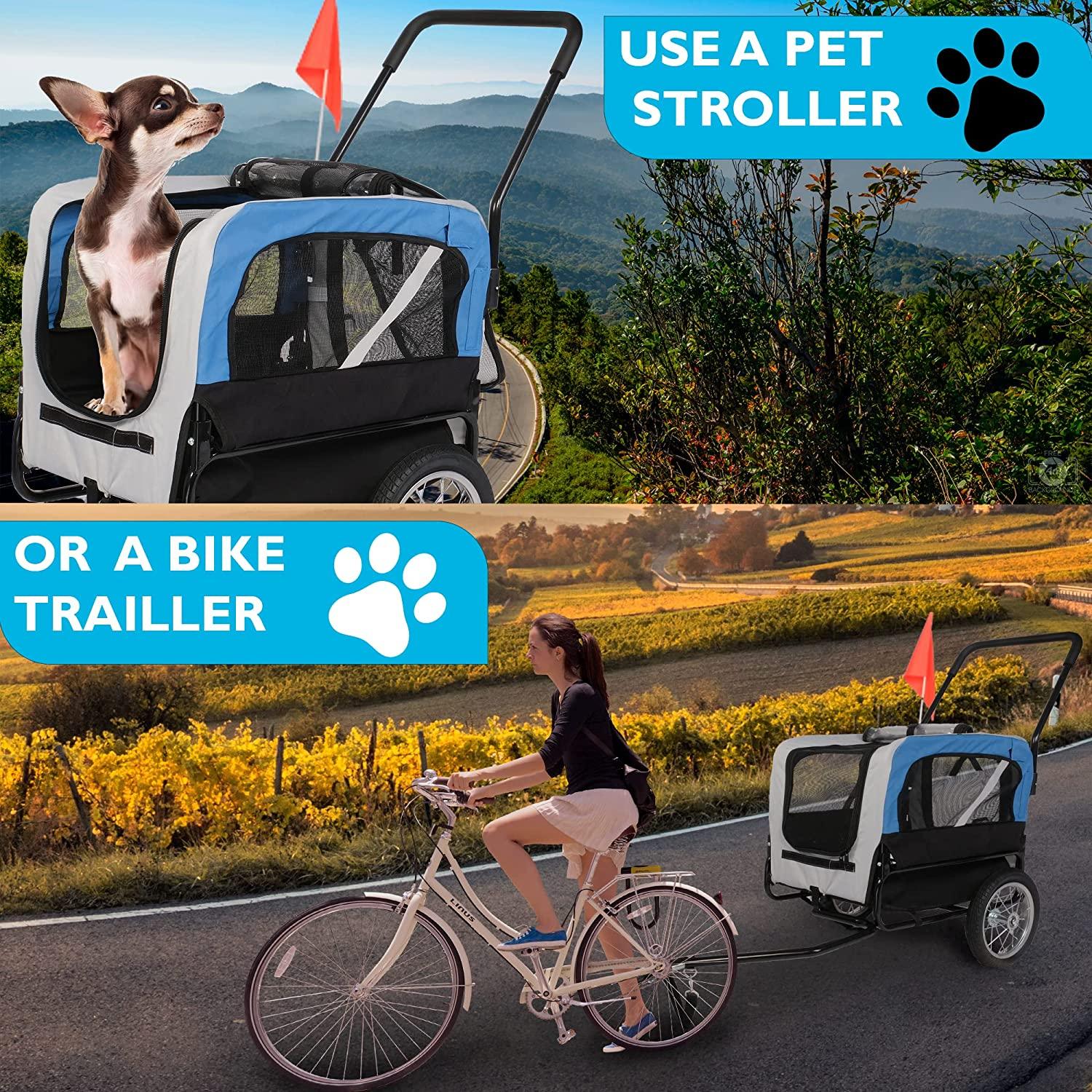 Dog Bike Trailer Cart 2 in 1 Pet Bicycle Stroller for Travel with Reflectors Parking Brake Breathable Protective Net, Blue - Bosonshop