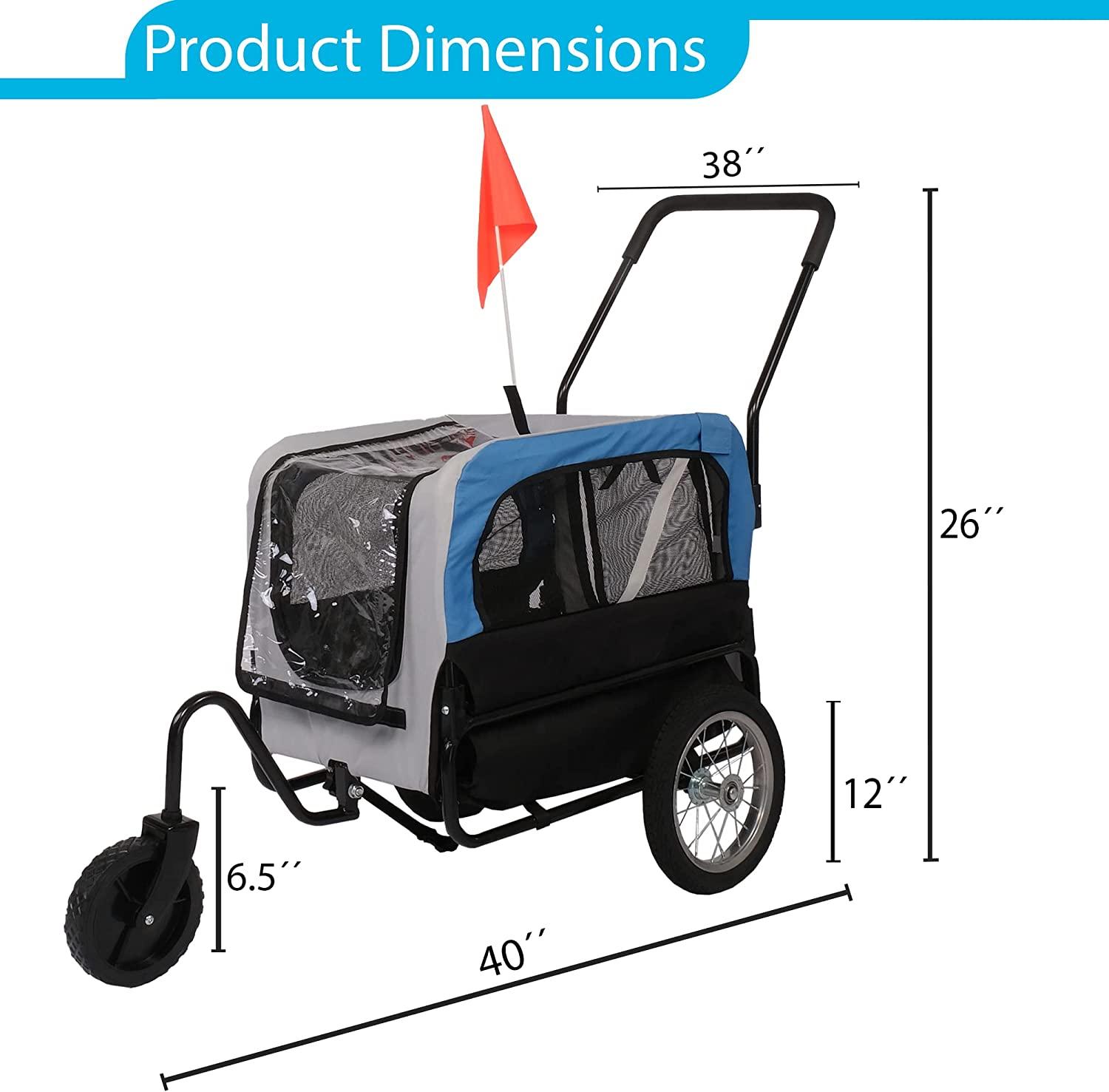 Dog Bike Trailer Cart 2 in 1 Pet Bicycle Stroller for Travel with Reflectors Parking Brake Breathable Protective Net, Blue - Bosonshop