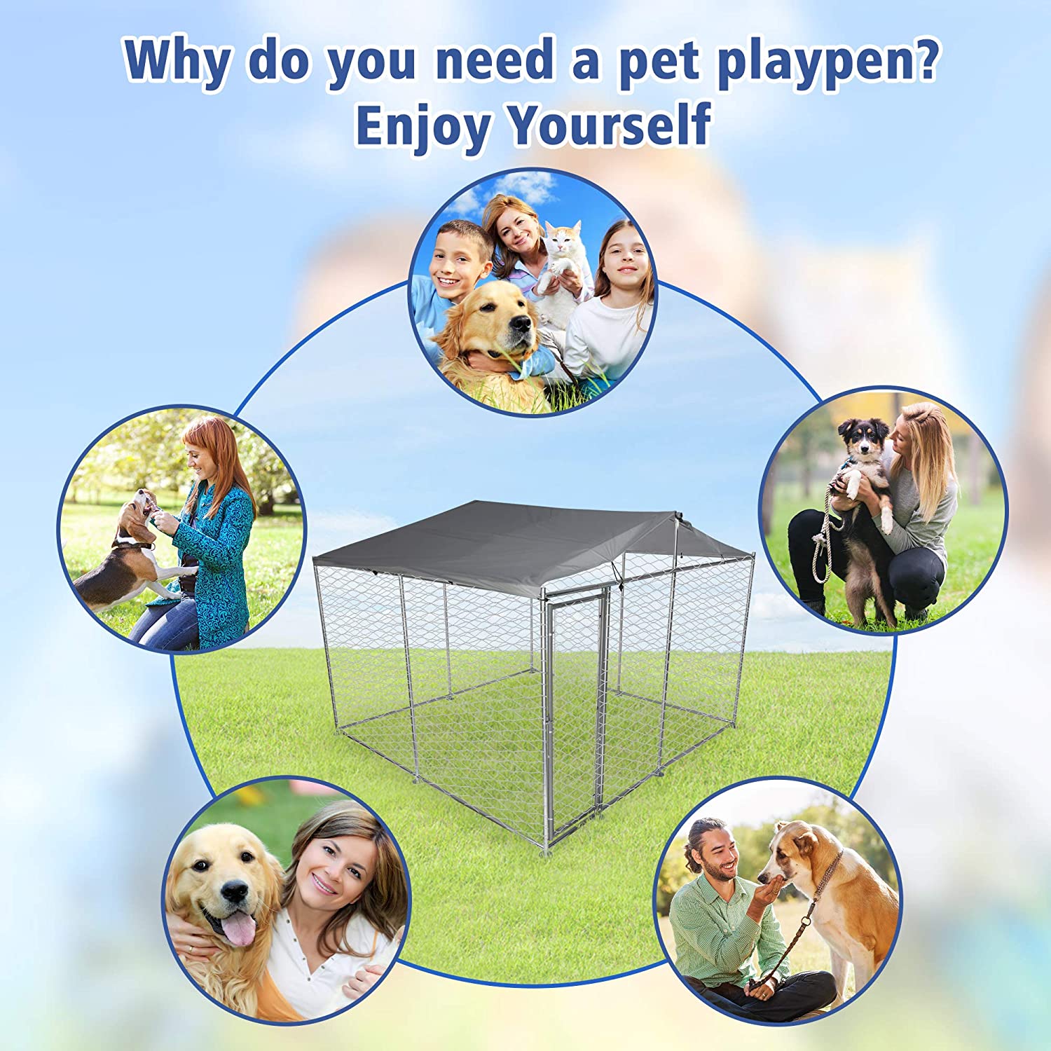 10' x 10' x 7.5' Outdoor Metal Dog Playpen For Your Puppy, Exercise Pens For Puppies, Chain Link Dog Kennel - Bosonshop