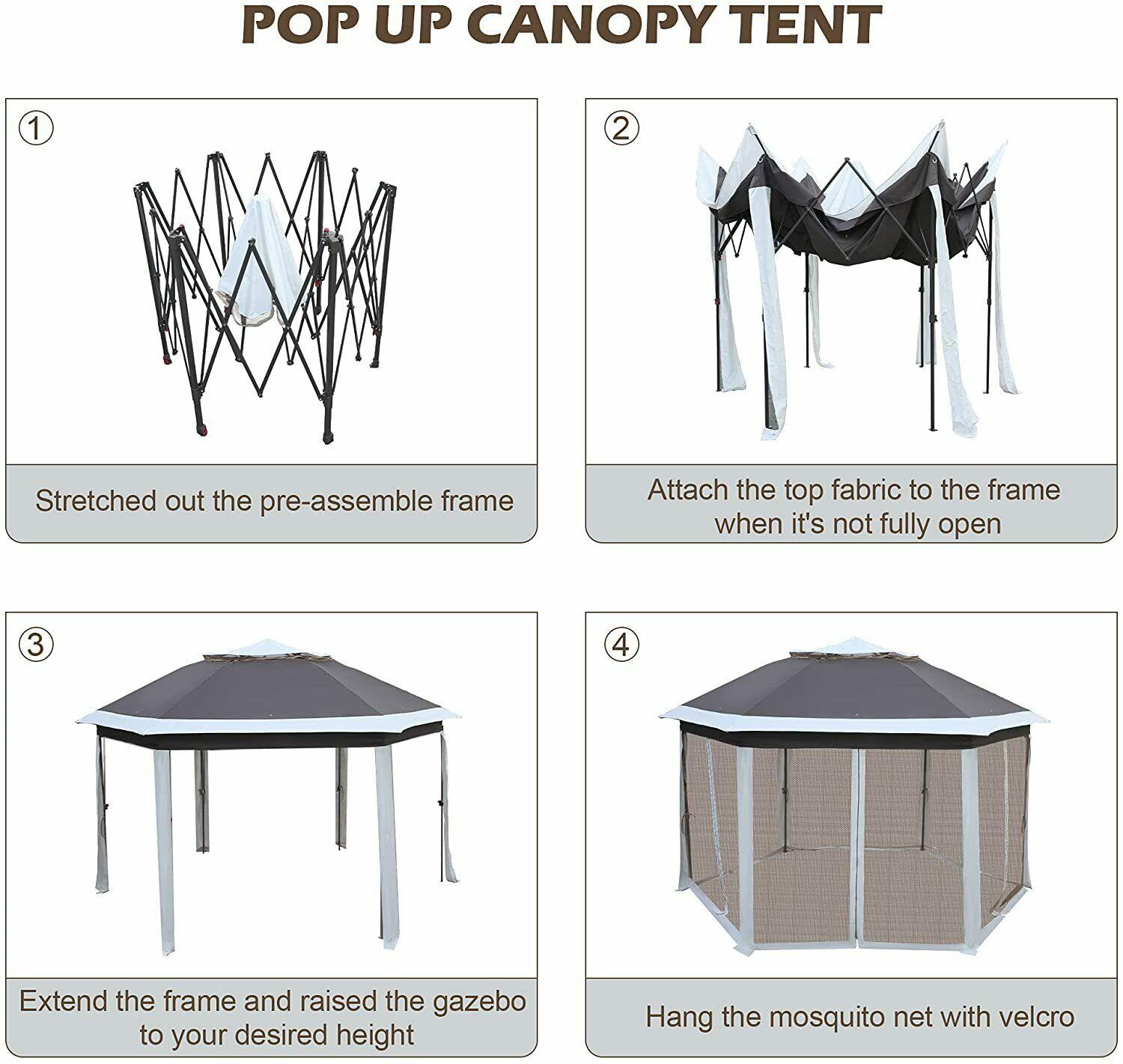 12Ft Outdoor Metal Patio Pop-Up Gazebo with Mesh Nettings for Parties and Outdoor Activities - Bosonshop