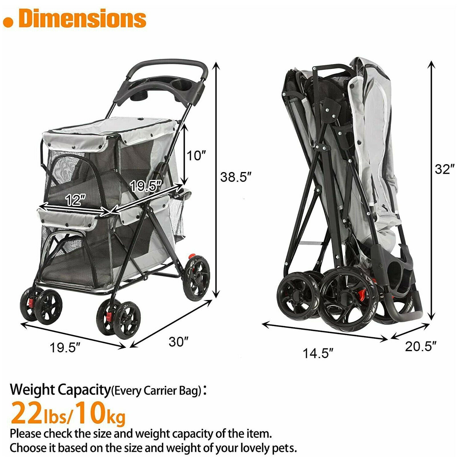 Double Decker Bus Pet Jogging Stroller for 2 Cats Dogs Travel Carrier Cage w/Cup Holders, Mesh Window and Soft Pad, Gray - Bosonshop