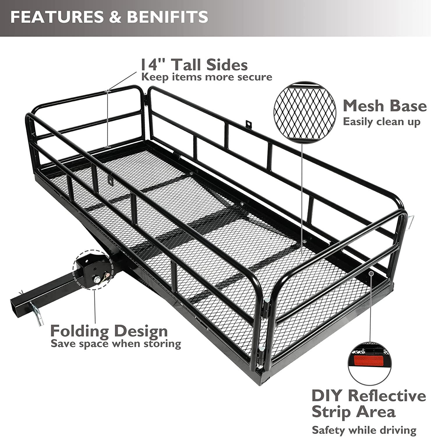 60" x 24" x 14" Heavy Duty Hitch Mount Cargo Carrier, Cargo Rack Rear Luggage Basket Fits 2" Receiver - Bosonshop